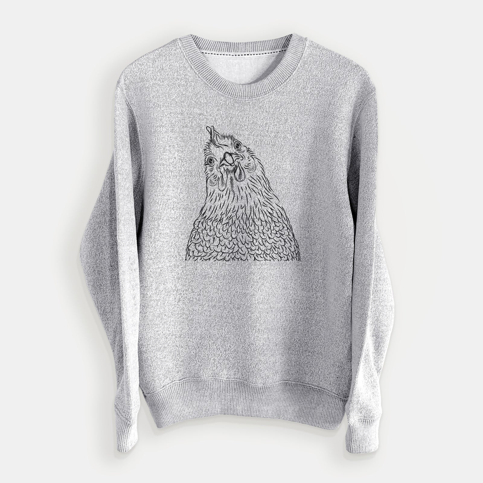 Hand-drawn sketch of Henrietta the Chicken on a Salt Pepper knit sweatshirt
