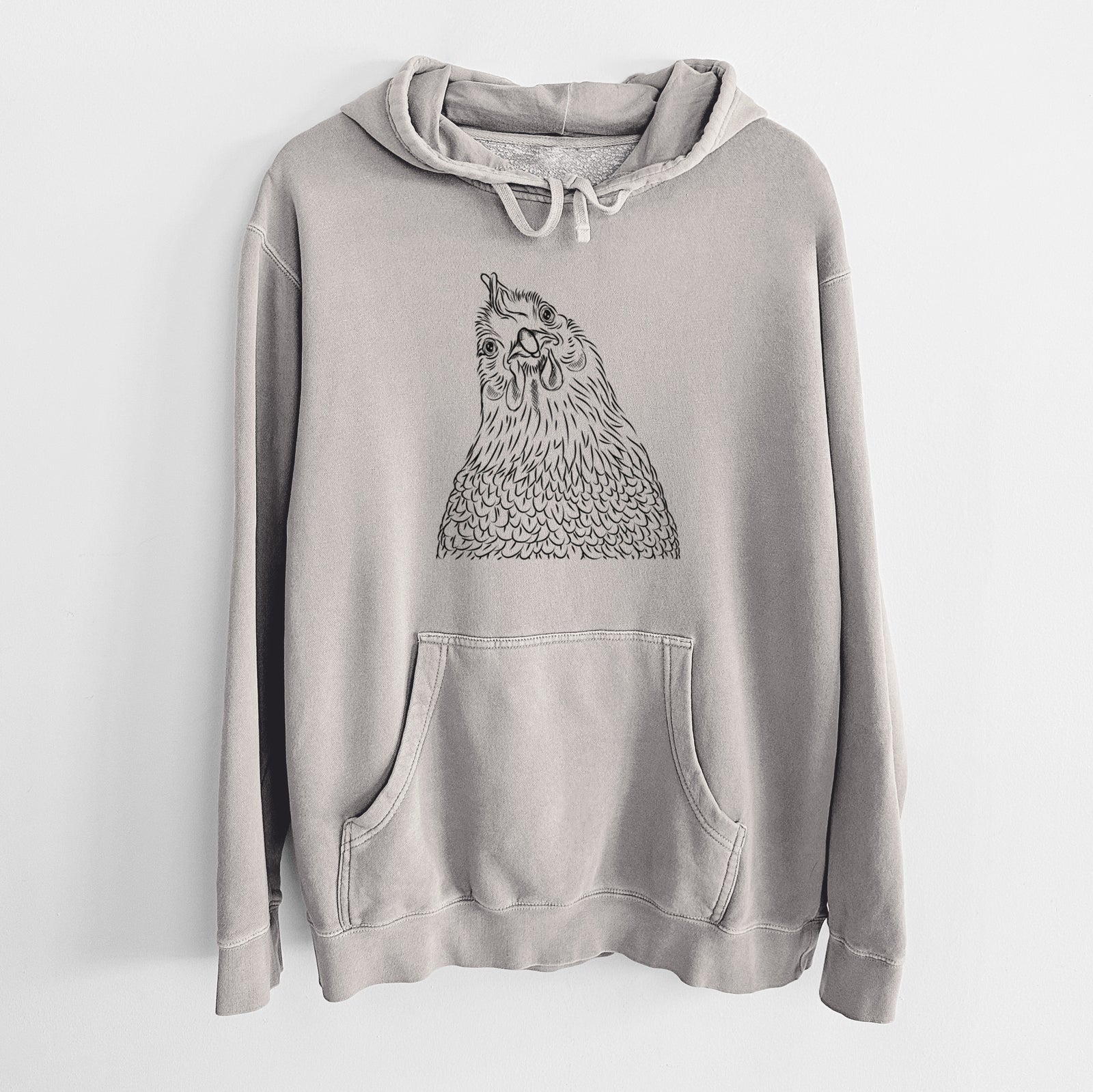 Hand-drawn sketch of Henrietta the Chicken on a Cement Unisex pigment dyed hoodie