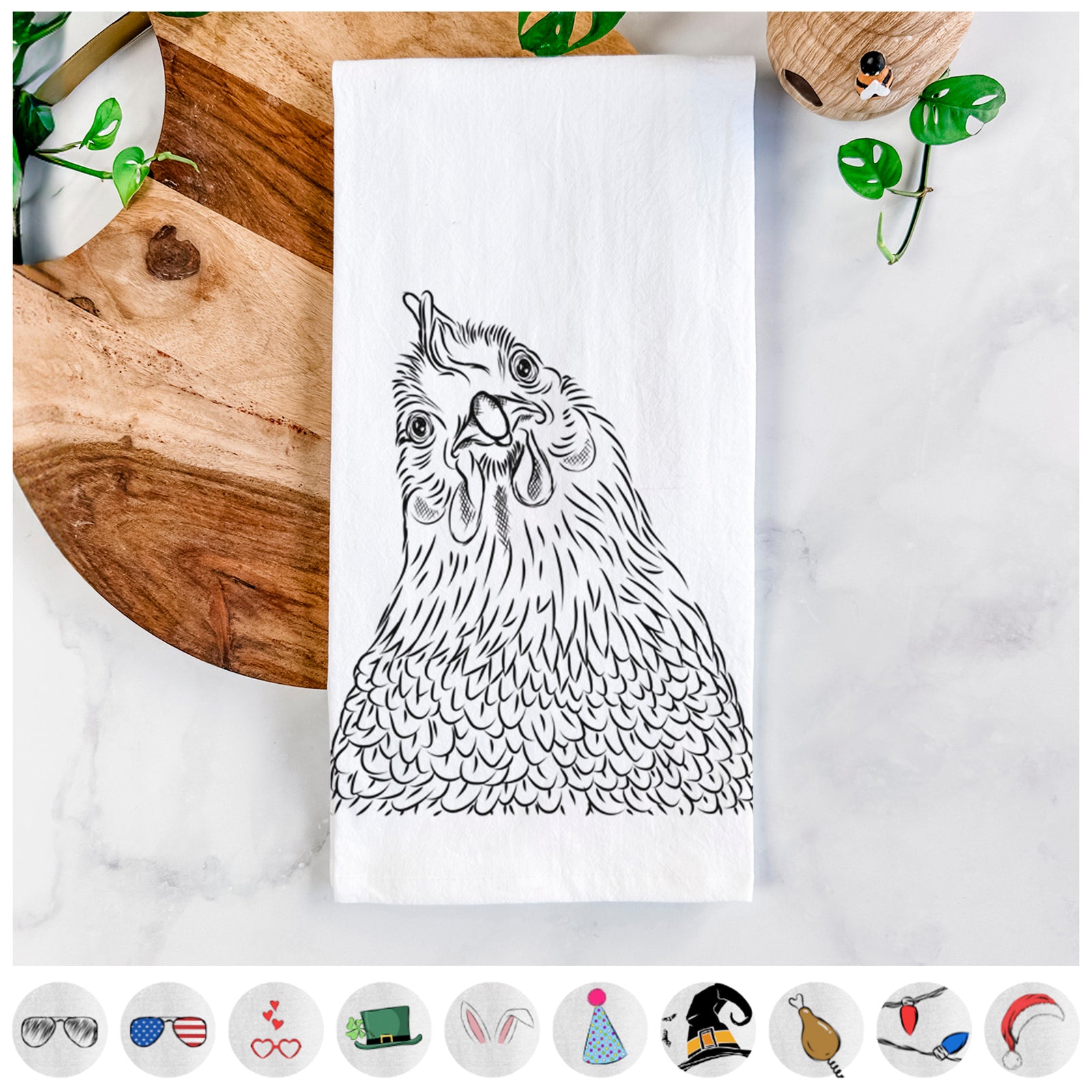 Hand-drawn sketch of Henrietta the Chicken on a tea towel, shown with icons of the other available costume styles