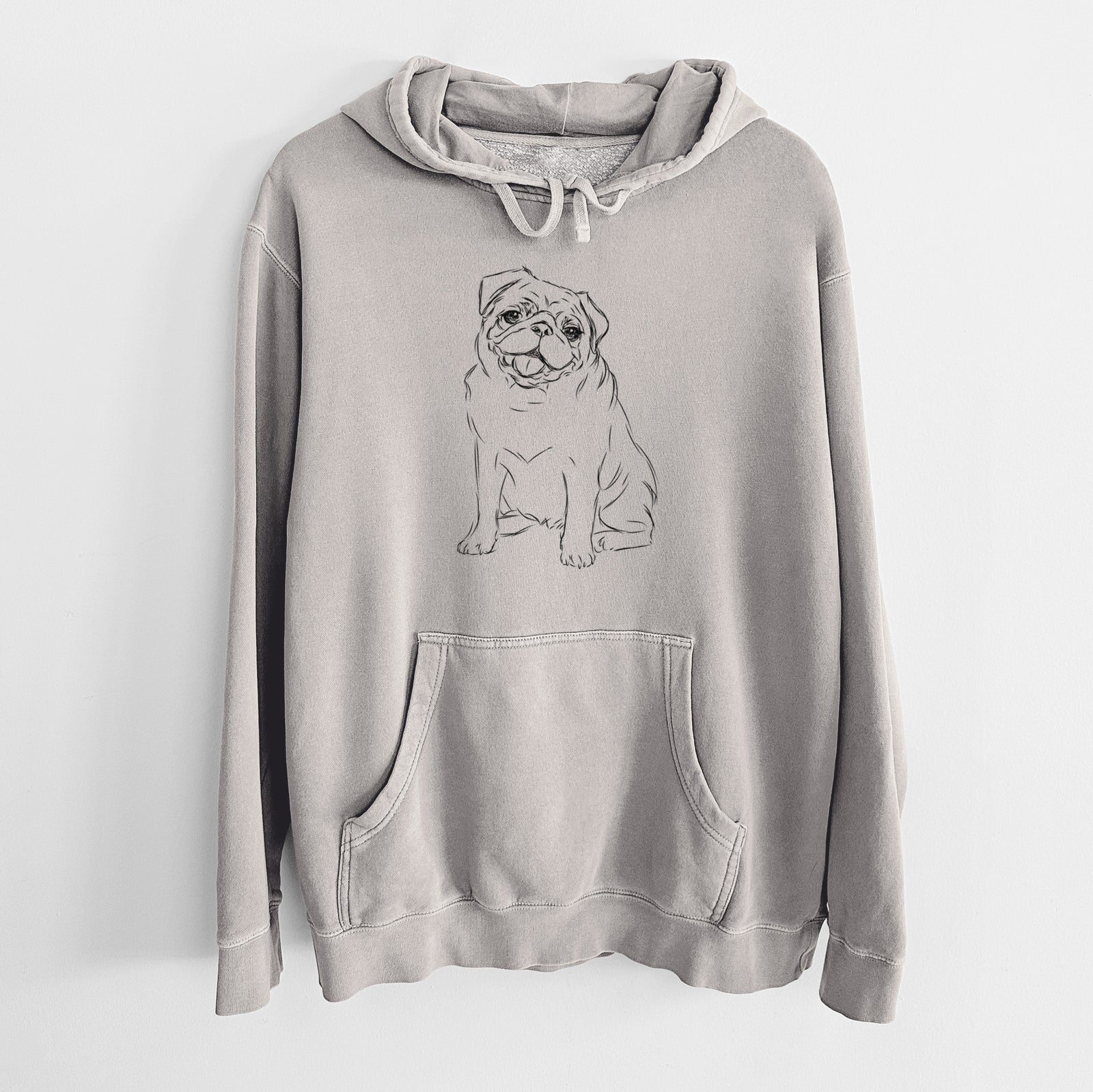 Hand-drawn sketch of Higgins the Pug on a Cement Unisex pigment dyed hoodie