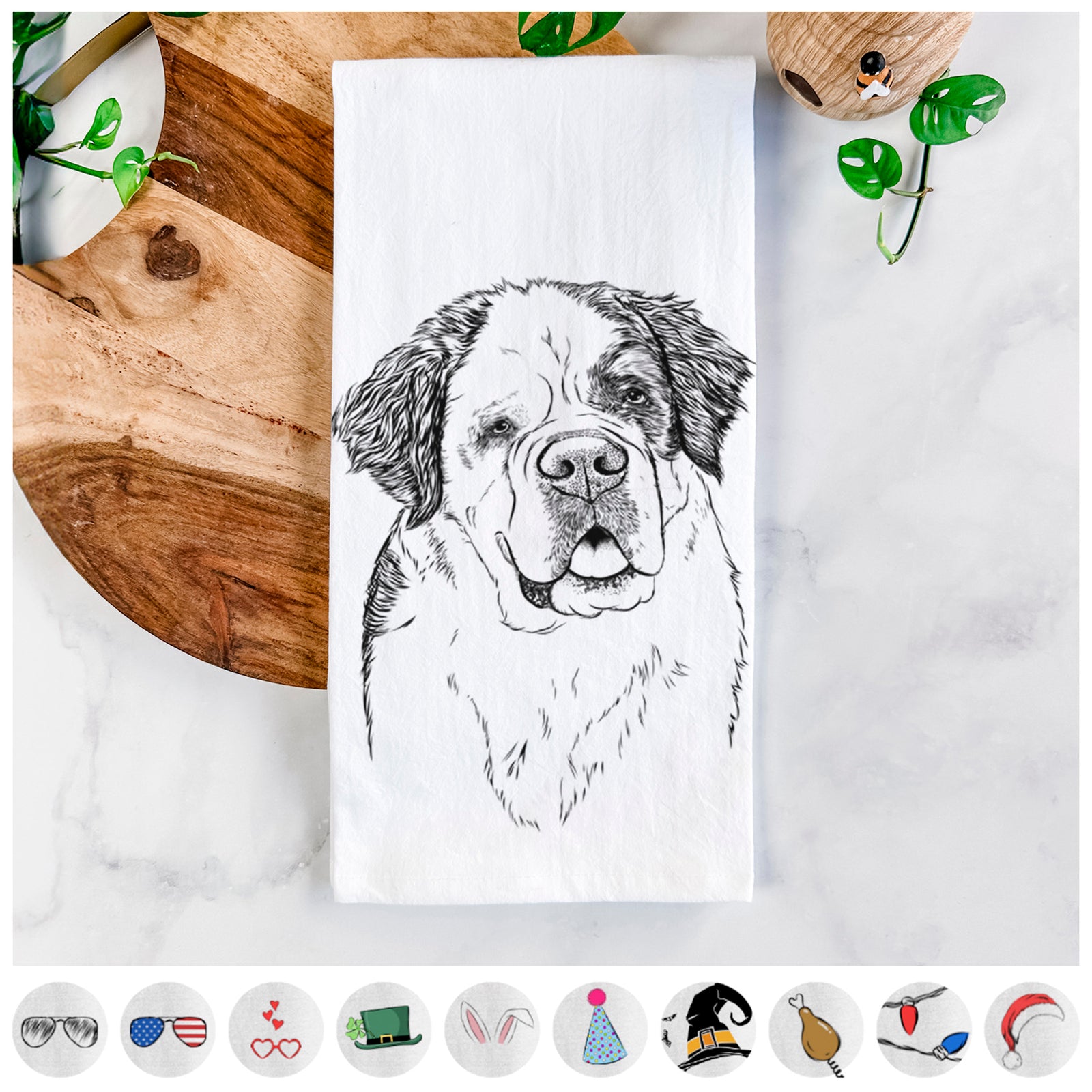 Hand-drawn sketch of Hook the Saint Bernard on a tea towel, shown with icons of the other available costume styles