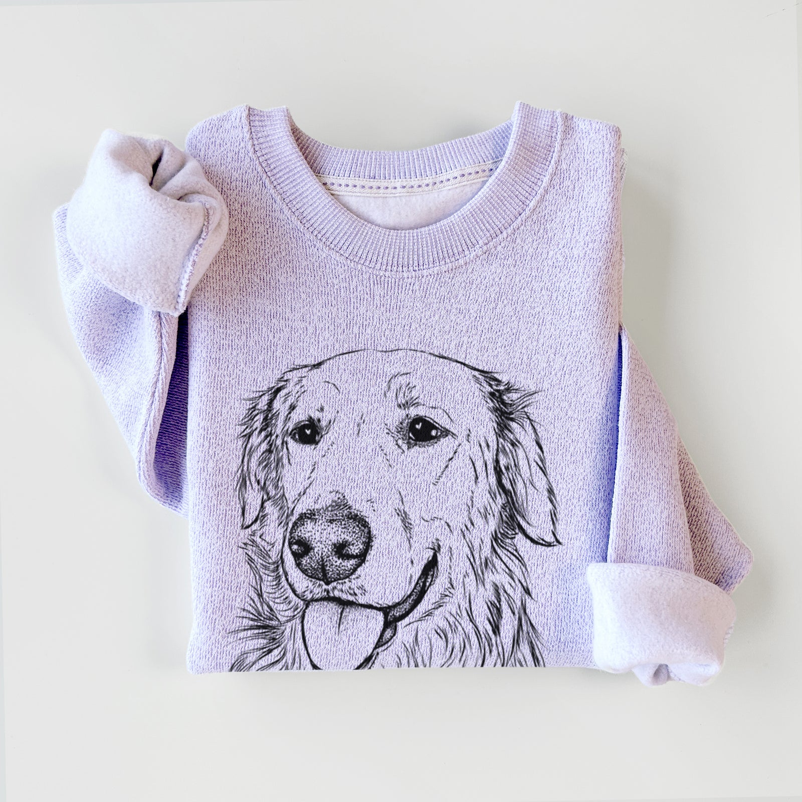 Hand-drawn sketch of Hopper the Golden Retriever on an Ice Purple knit sweatshirt