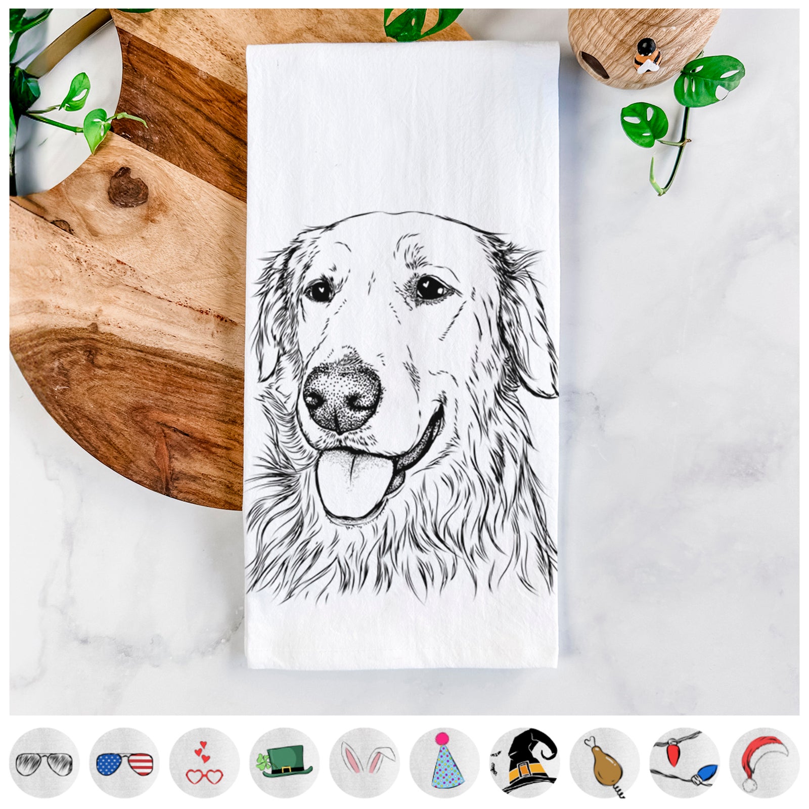 Hand-drawn sketch of Hopper the Golden Retriever on a tea towel, shown with icons of the other available costume styles
