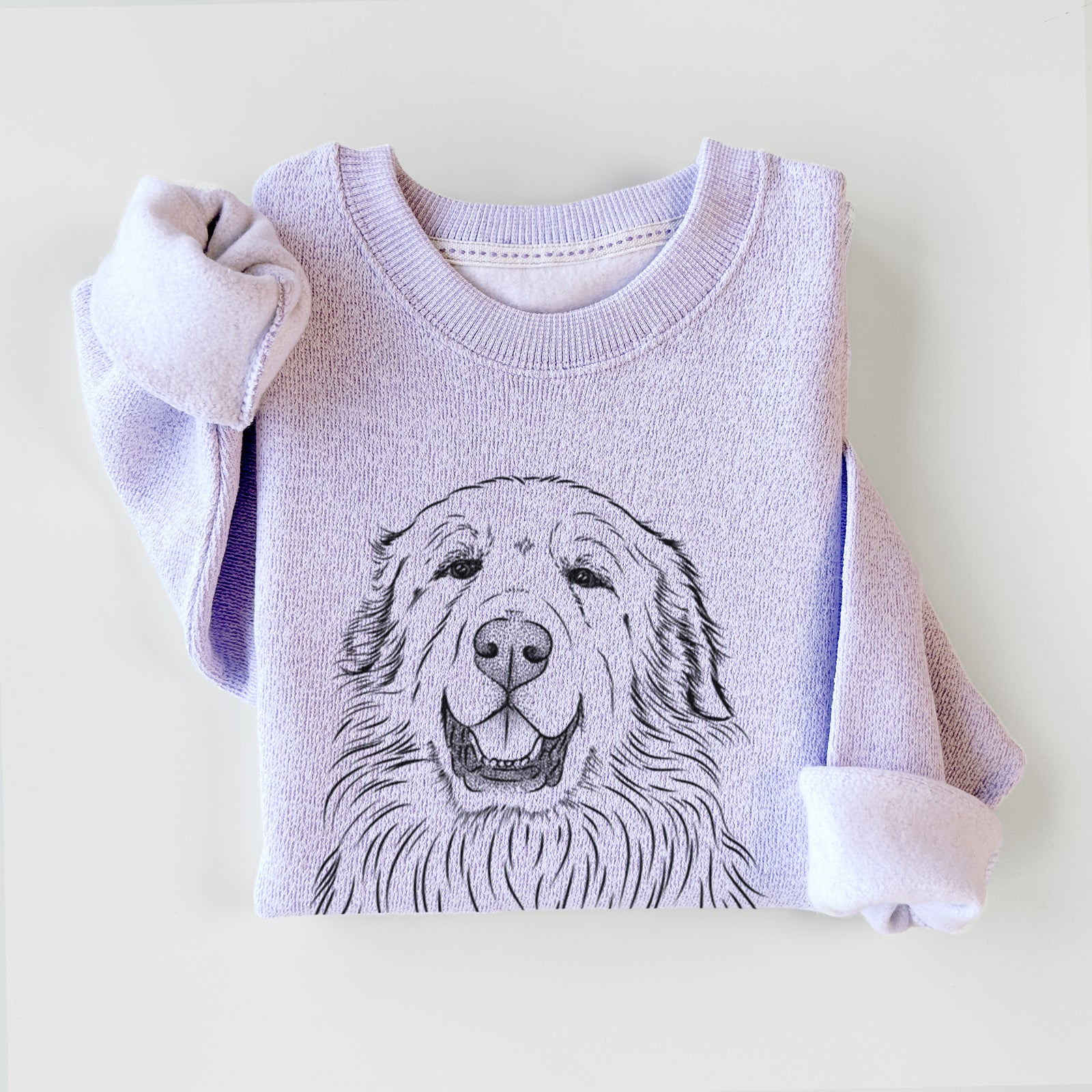 Hand-drawn sketch of Horton the Great Pyrenees on an Ice Purple knit sweatshirt