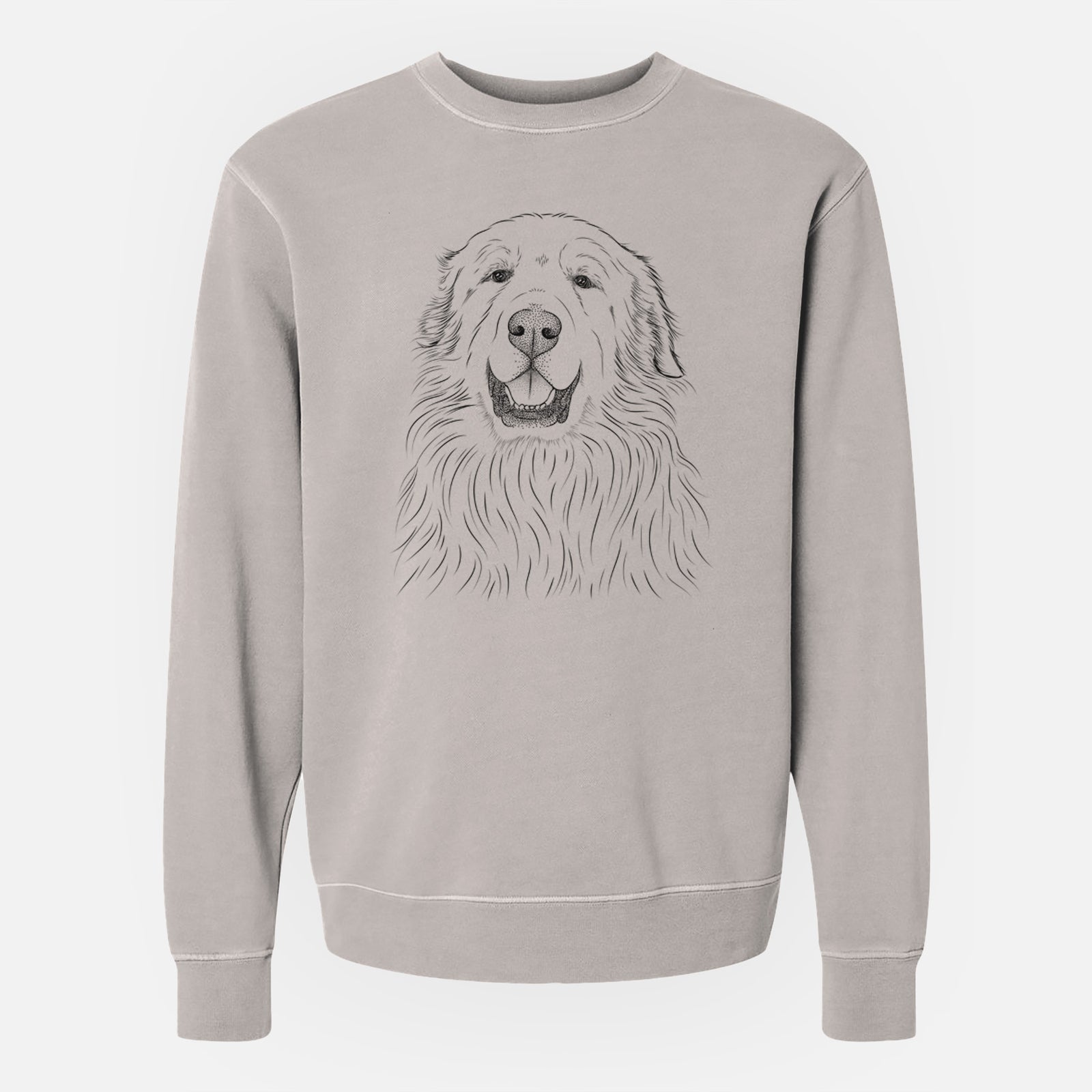 Hand-drawn sketch of Horton the Great Pyrenees on a Cement Unisex pigment dyed crew sweatshirt