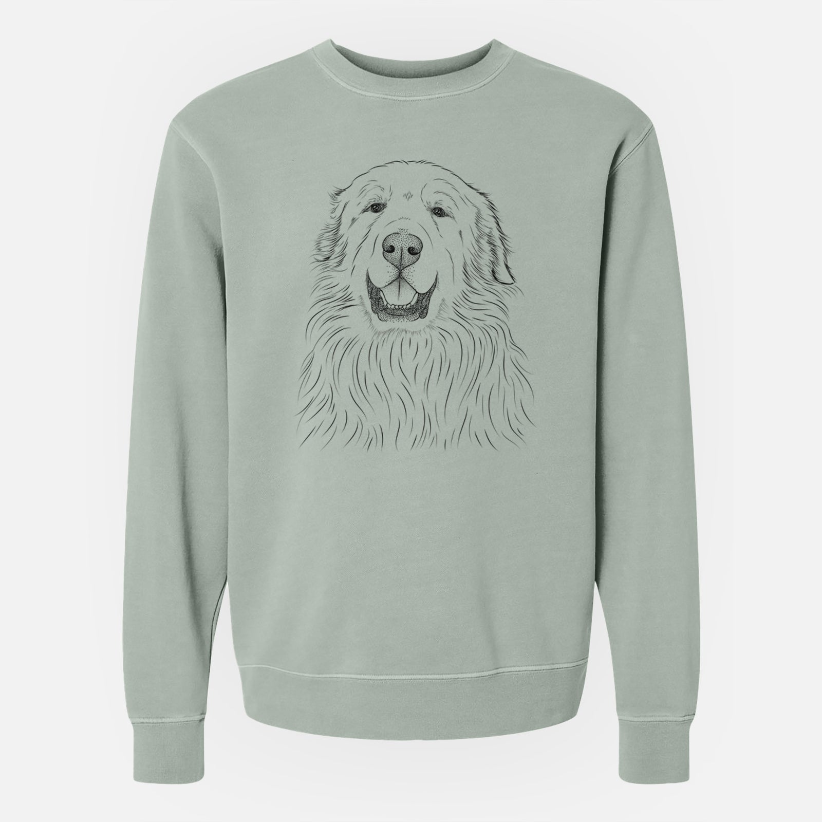 Hand-drawn sketch of Horton the Great Pyrenees on a Sage Unisex pigment dyed crew sweatshirt