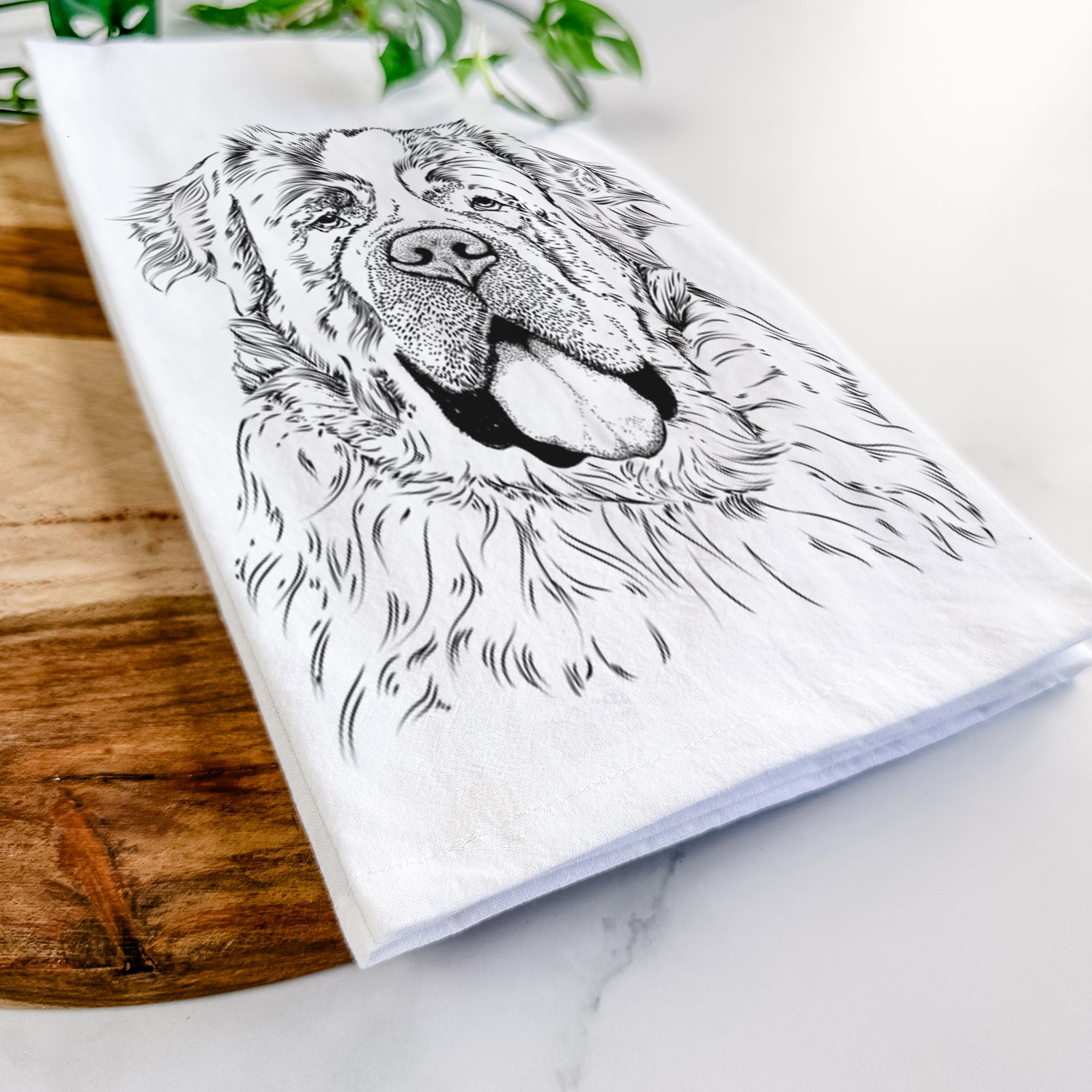 Hand-drawn sketch of Hoss the Saint Bernard on a tea towel