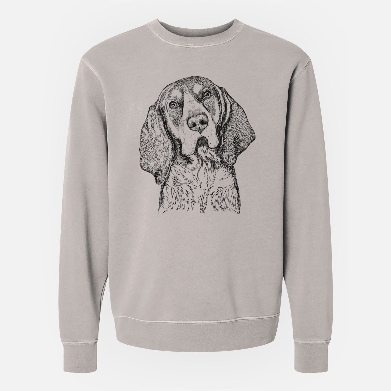 Hand-drawn sketch of Huck the Bluetick Coonhound on a Cement Unisex pigment dyed crew sweatshirt
