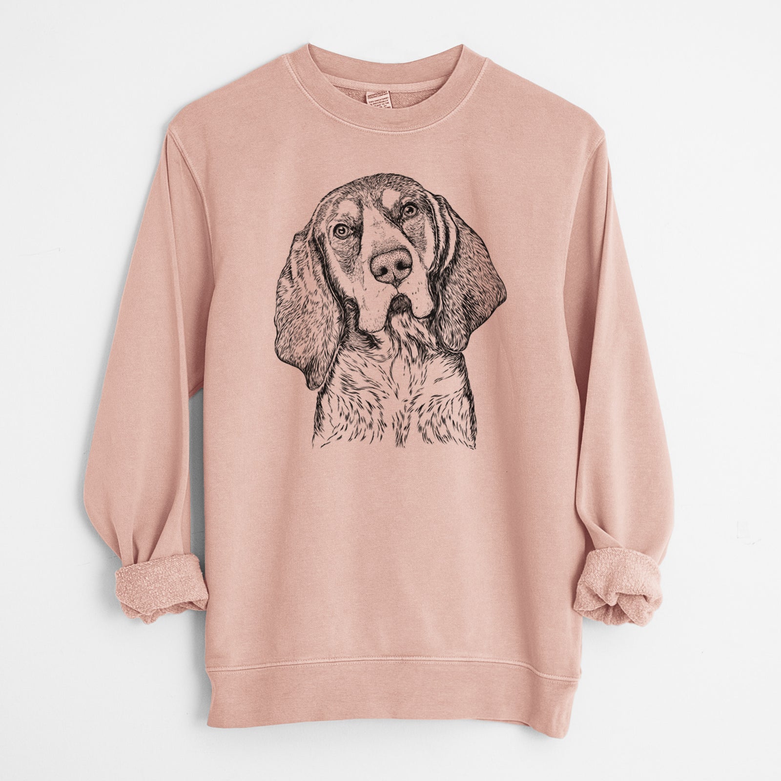 Hand-drawn sketch of Huck the Bluetick Coonhound on a Dusty Pink Unisex pigment dyed crew sweatshirt