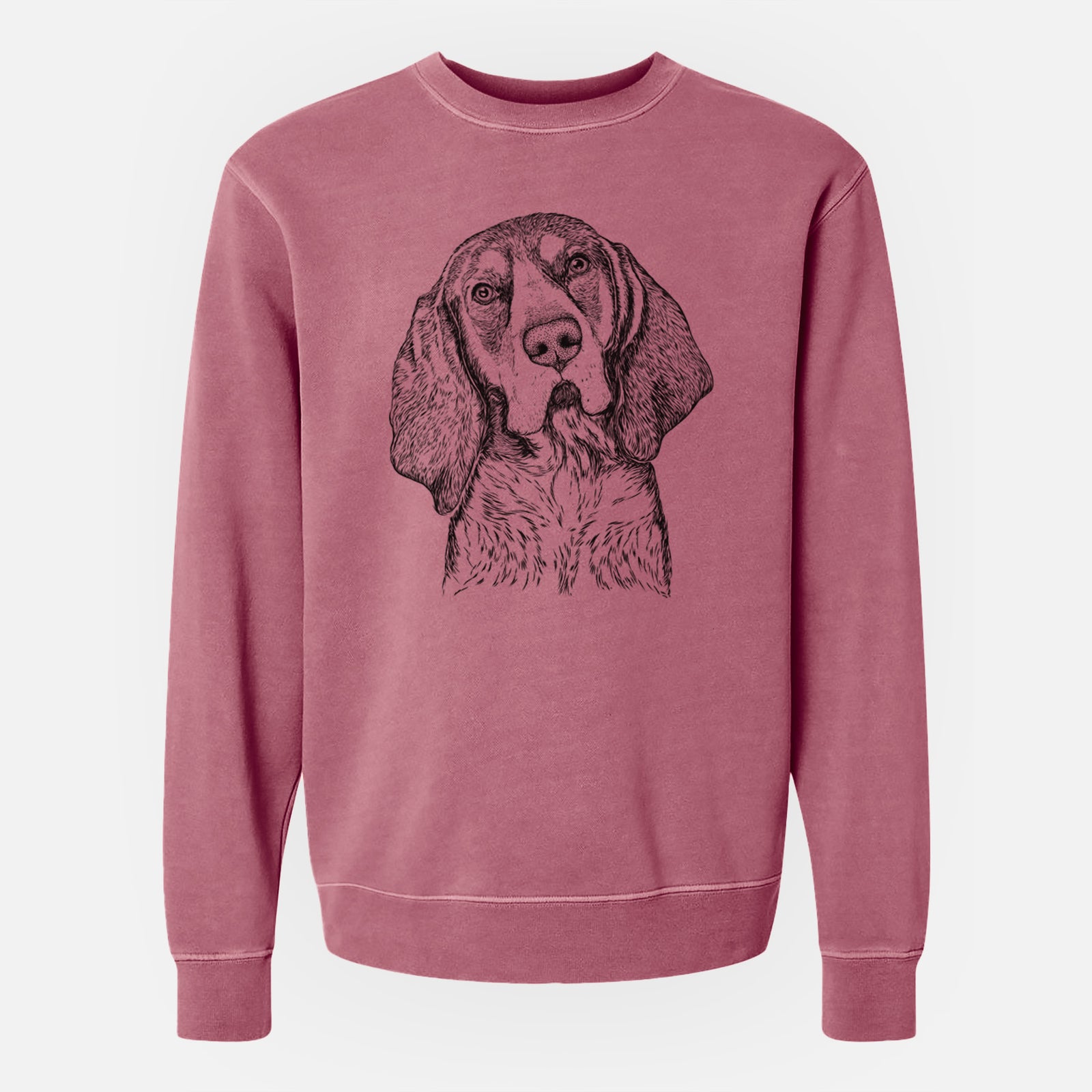 Hand-drawn sketch of Huck the Bluetick Coonhound on a Maroon Unisex pigment dyed crew sweatshirt