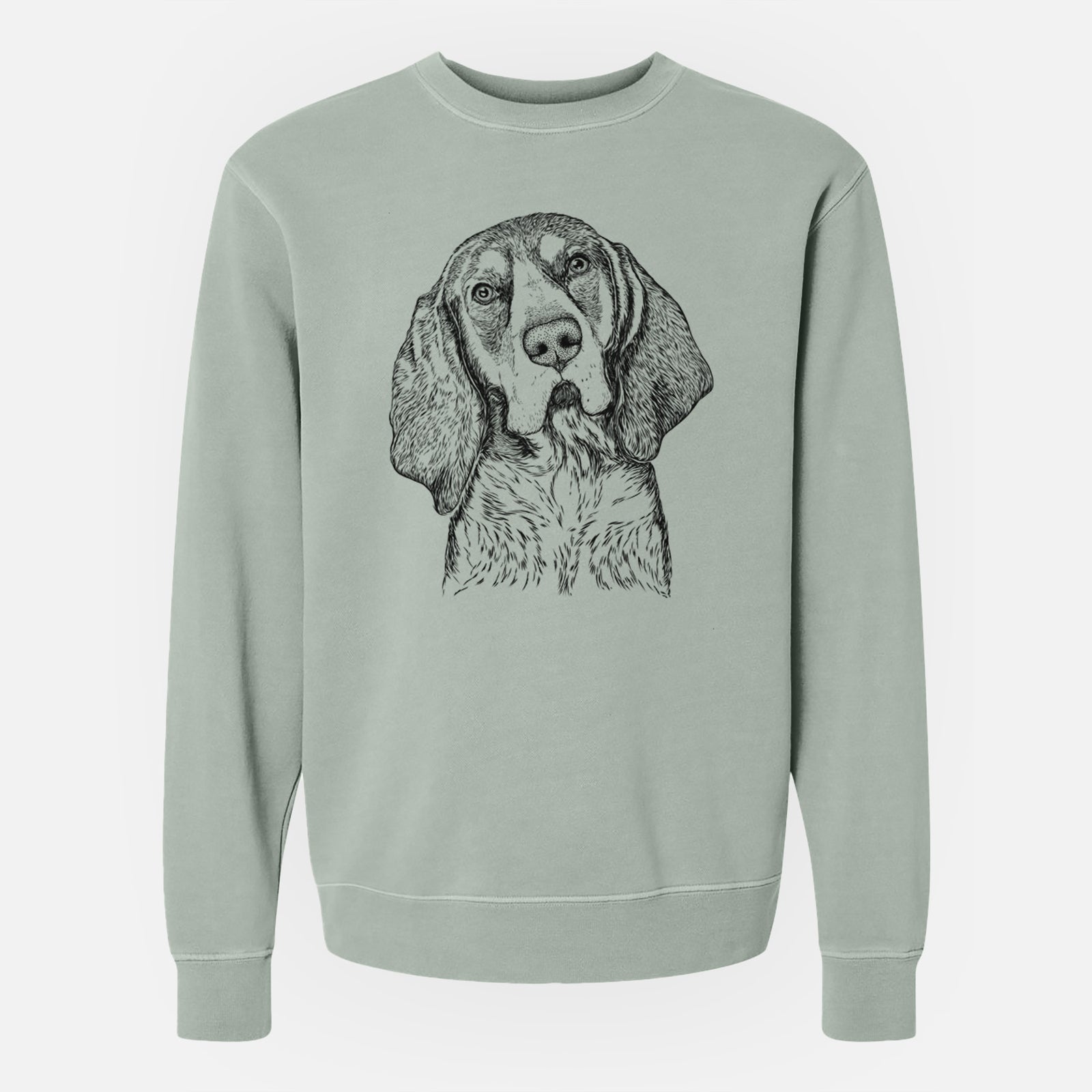 Hand-drawn sketch of Huck the Bluetick Coonhound on a Sage Unisex pigment dyed crew sweatshirt