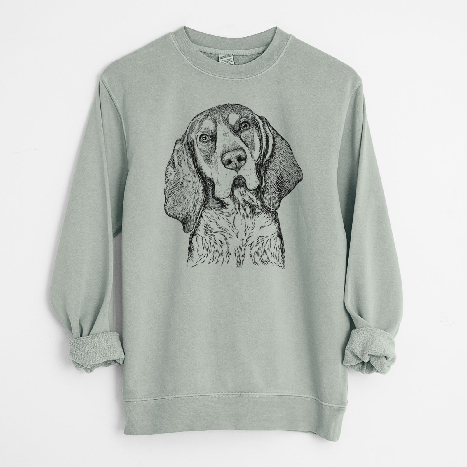 Hand-drawn sketch of Huck the Bluetick Coonhound on a Sage Unisex pigment dyed crew sweatshirt