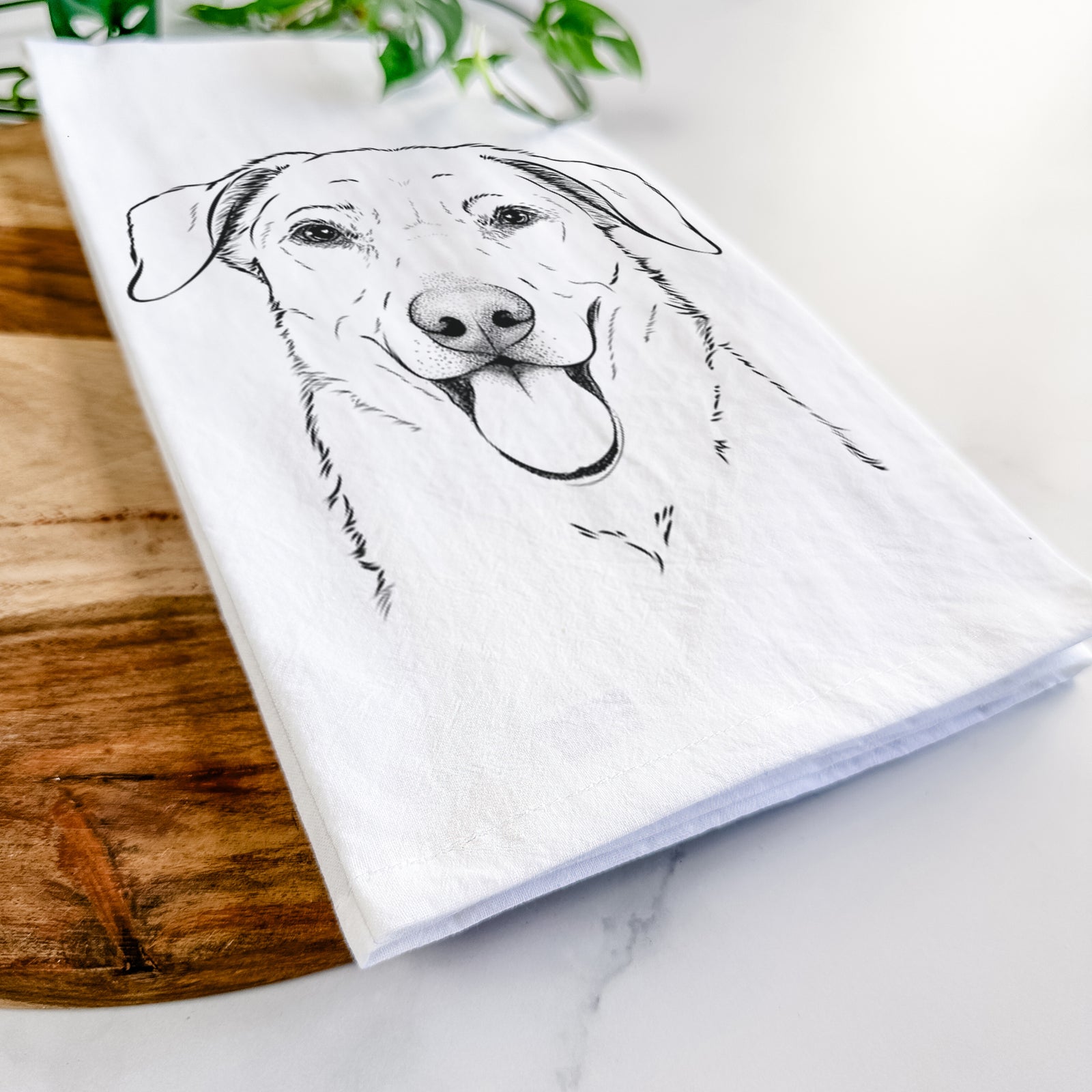 Hand-drawn sketch of Hudson the Shepherd on a tea towel