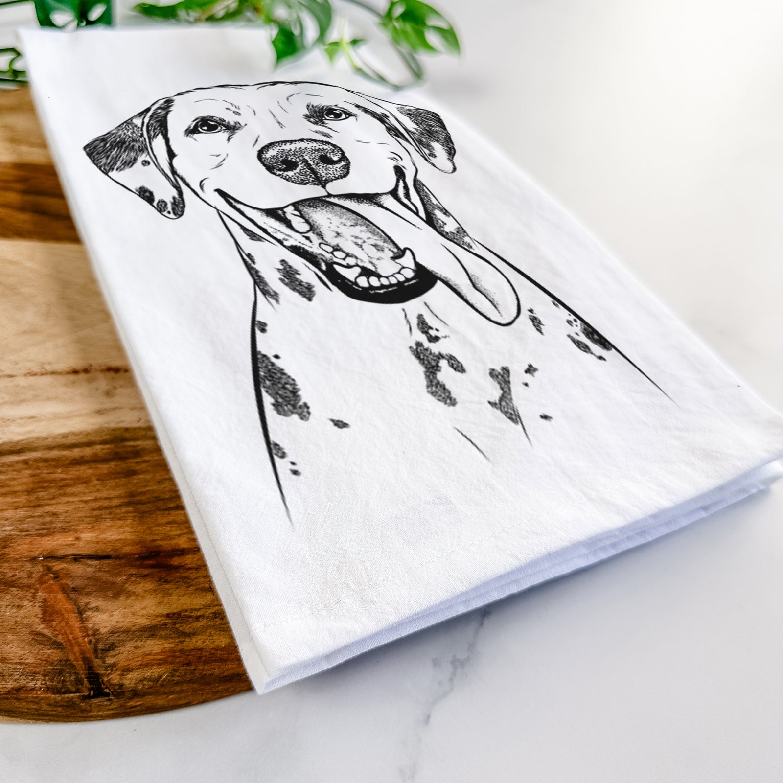 Hand-drawn sketch of Hydro the Dalmatian on a tea towel
