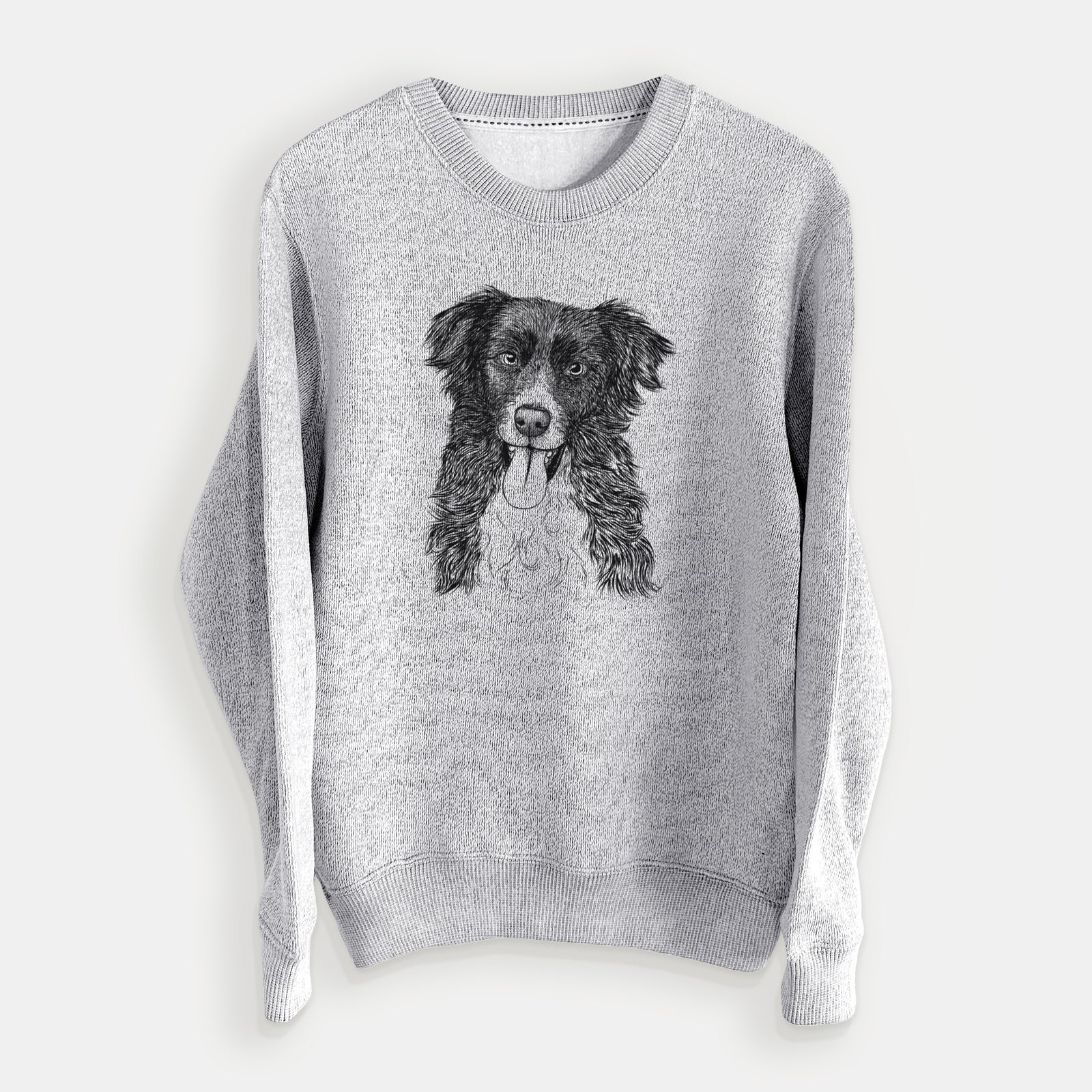 Hand-drawn sketch of Indi the Border Collie on a Salt Pepper knit sweatshirt