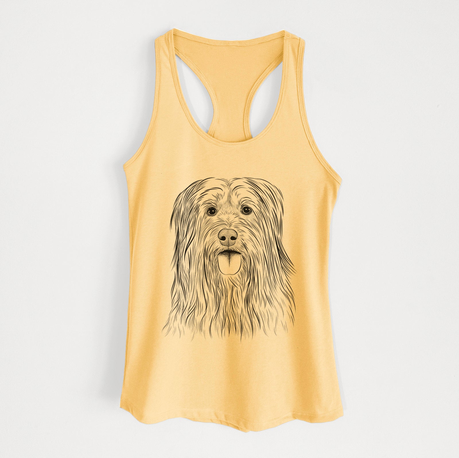 Hand-drawn sketch of Indy the Korean Sapsali on a Banana Cream Women's racerback tanktop