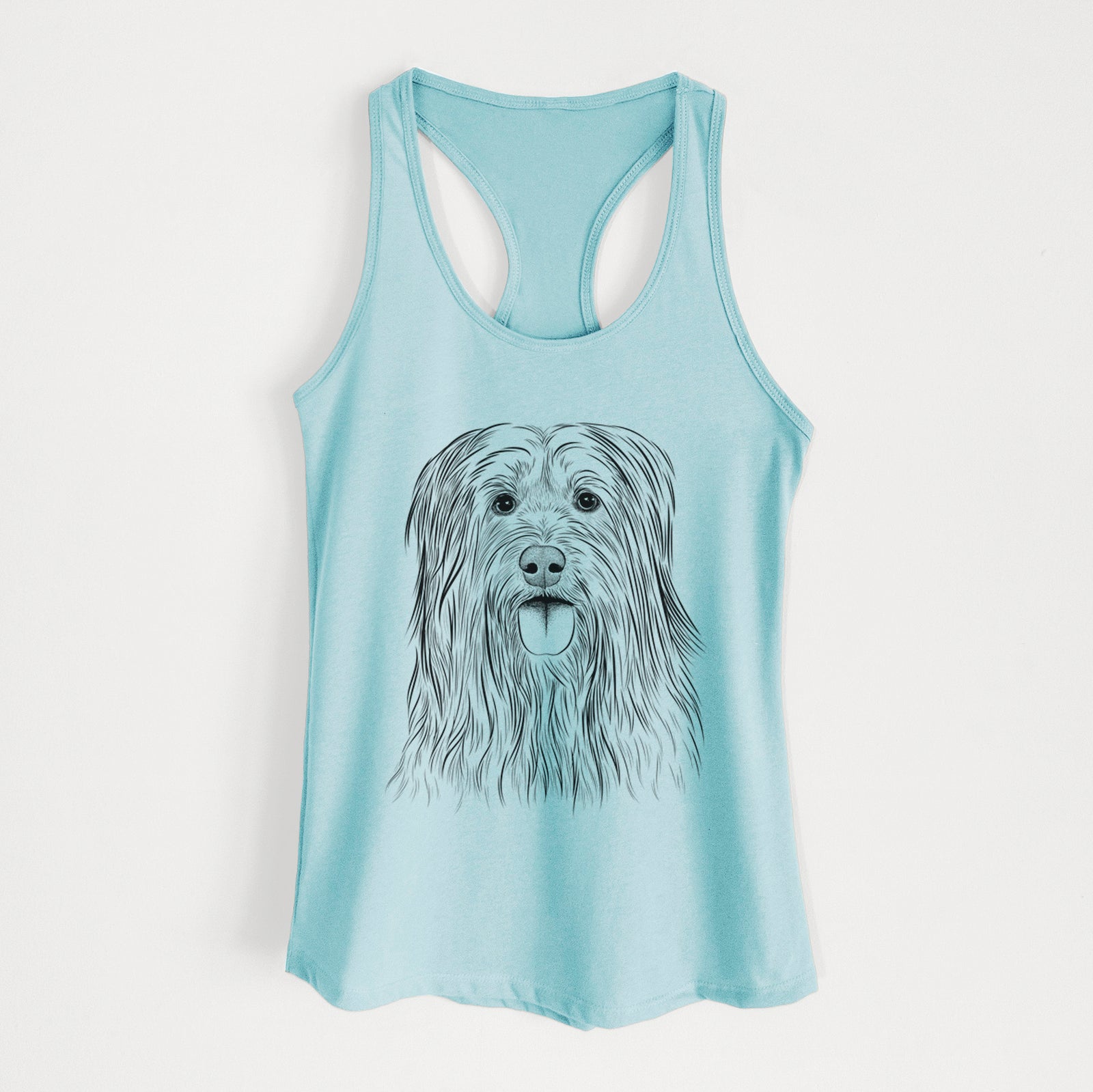 Hand-drawn sketch of Indy the Korean Sapsali on a Cancun Blue Women's racerback tanktop