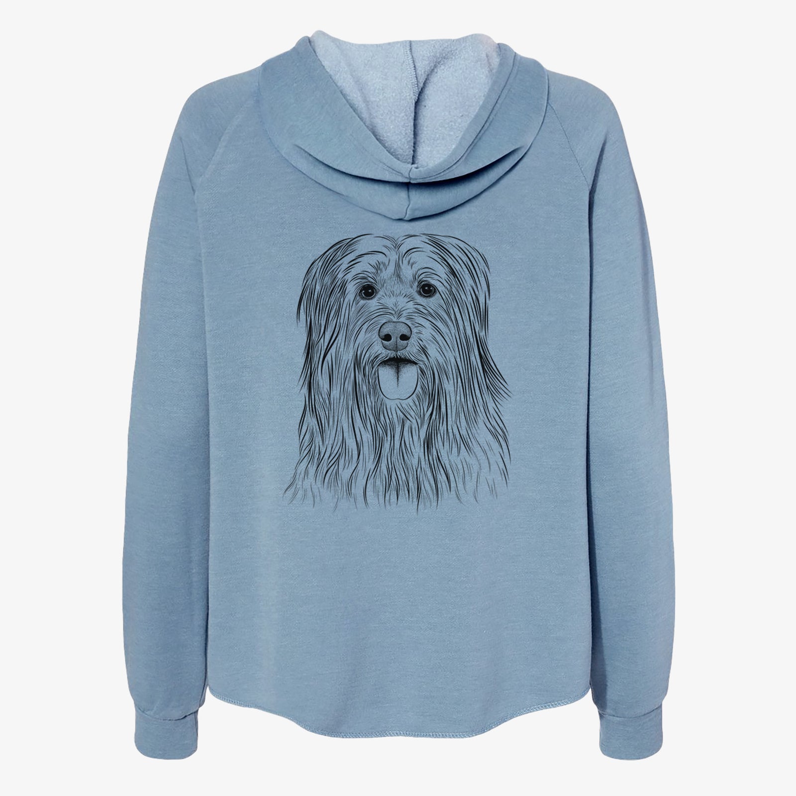 Hand-drawn sketch of Indy the Korean Sapsali on a Misty Blue Women's cali wave zip-up sweatshirt