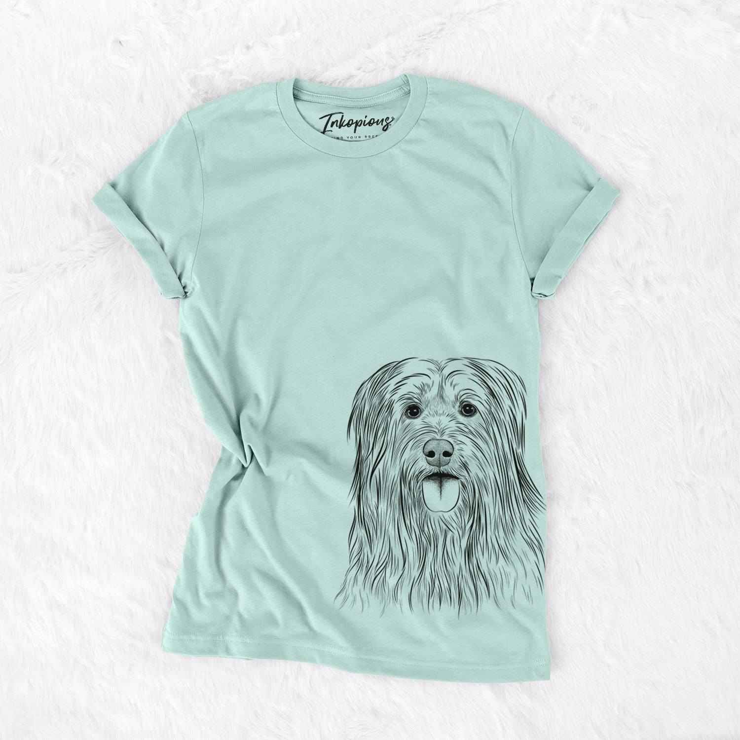 Hand-drawn sketch of Indy the Korean Sapsali on a Heather Sage Unisex crewneck
