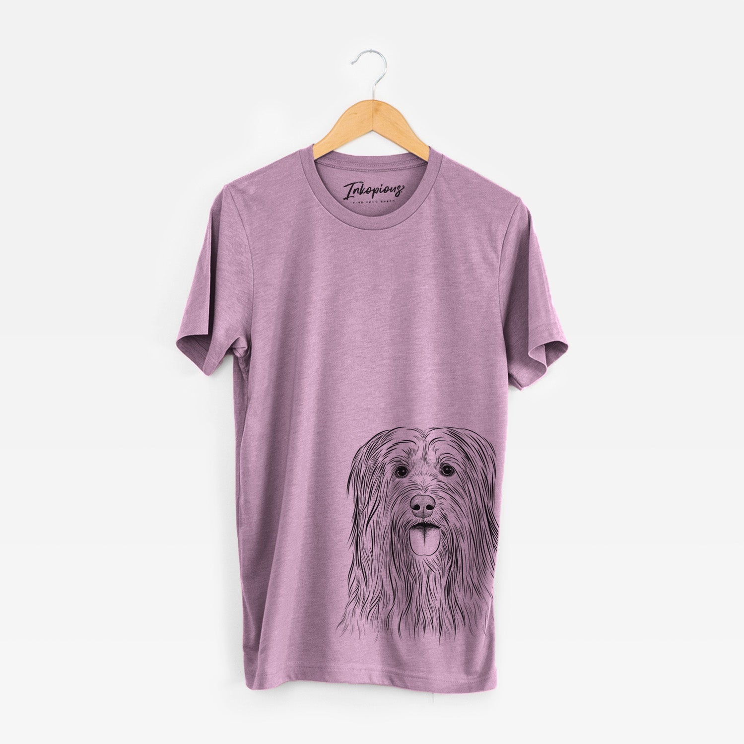Hand-drawn sketch of Indy the Korean Sapsali on an Orchid Unisex crewneck