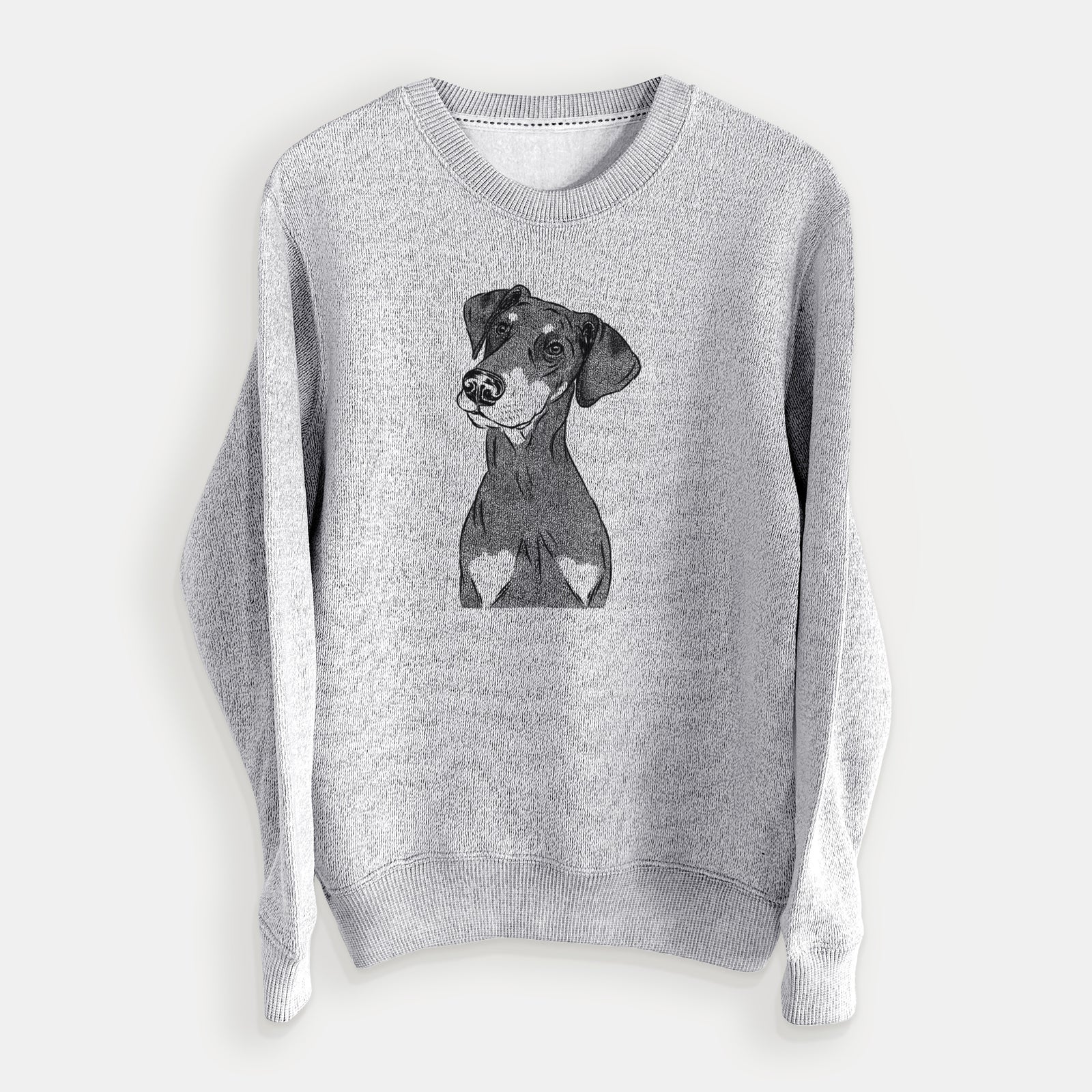 Hand-drawn sketch of Iroh the Doberman Pinscher on a Salt Pepper knit sweatshirt