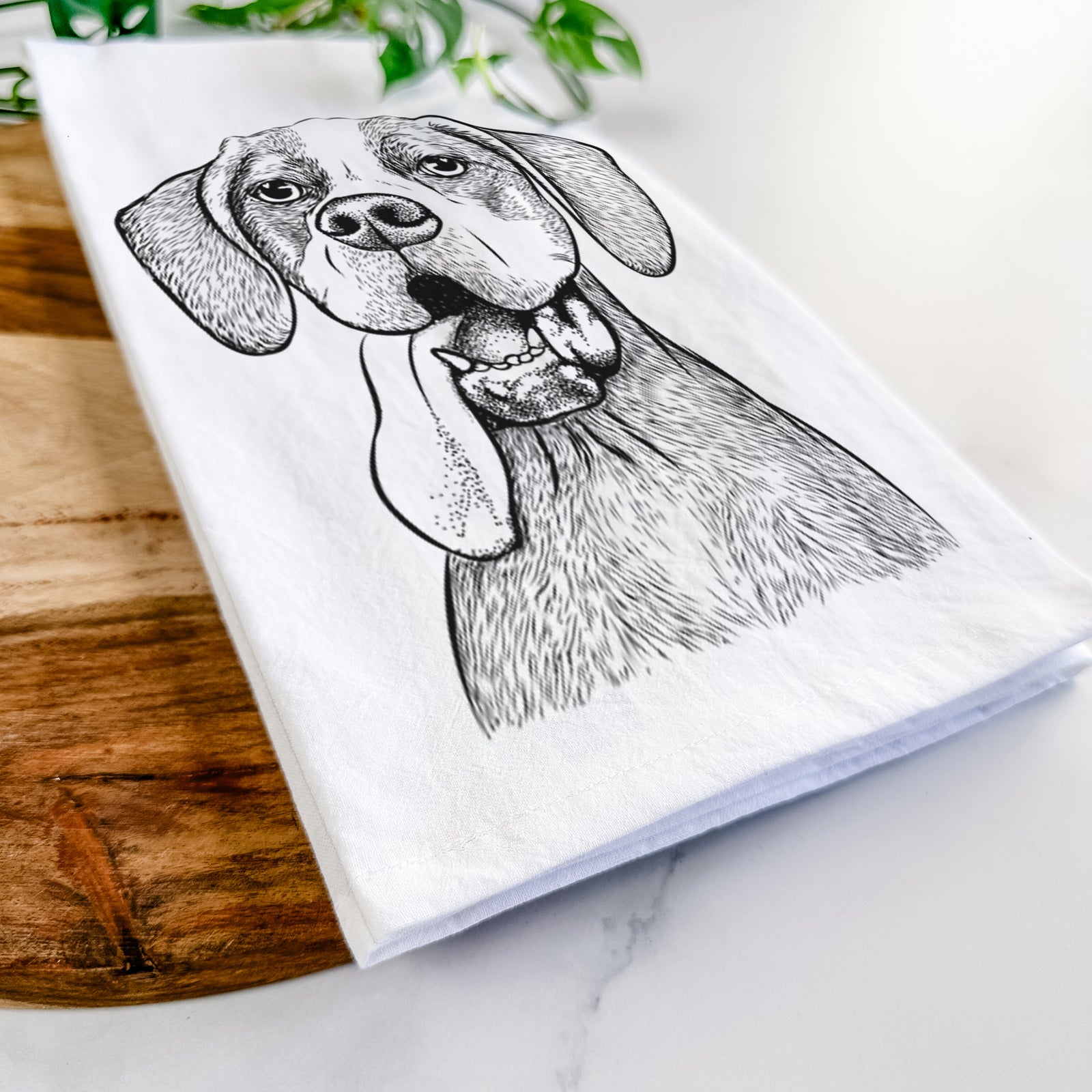Hand-drawn sketch of Irwin the English Pointer on a tea towel