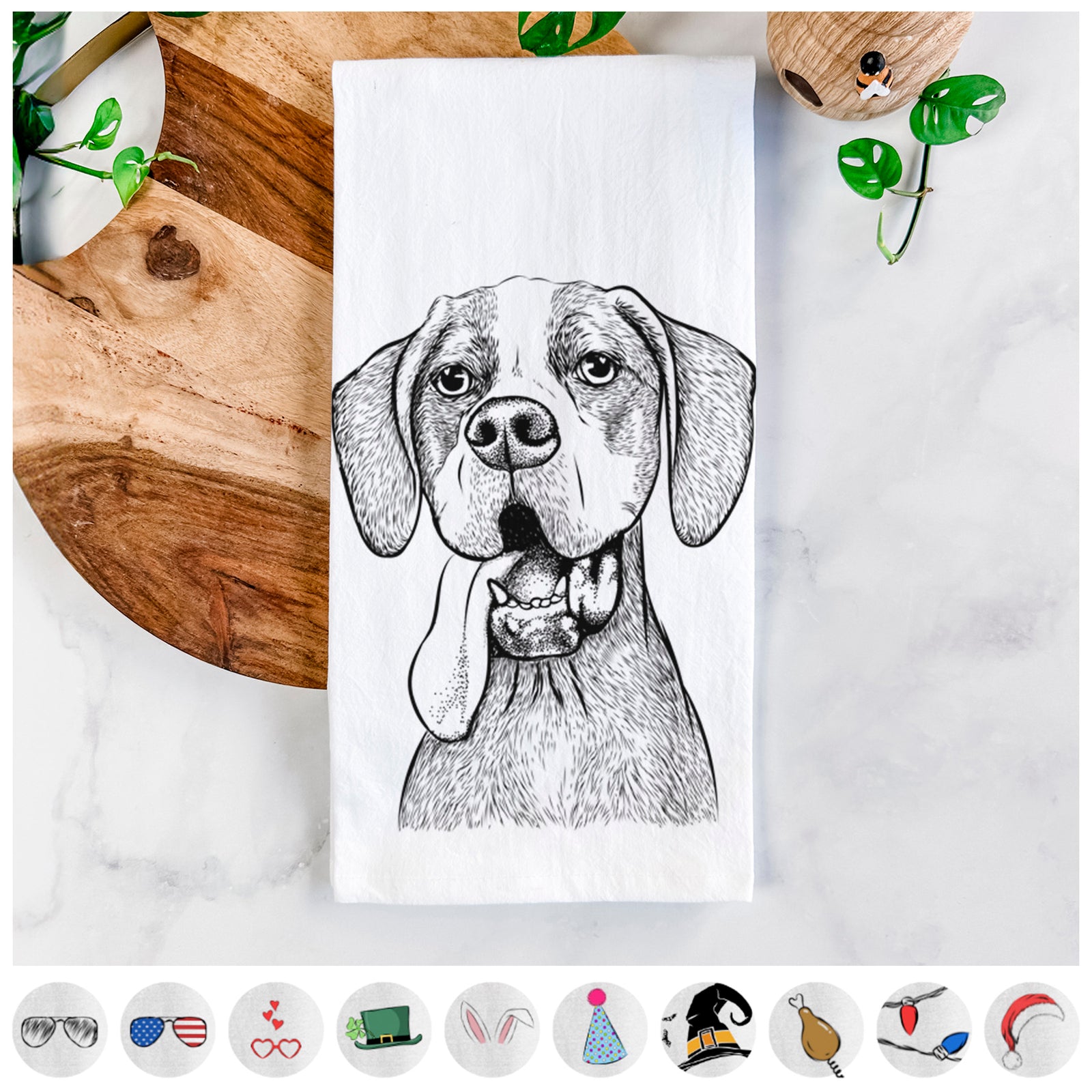 Hand-drawn sketch of Irwin the English Pointer on a tea towel, shown with icons of the other available costume styles