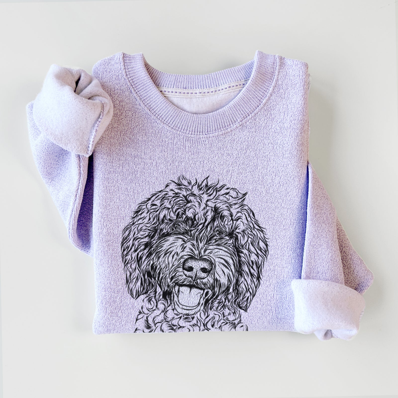 Hand-drawn sketch of Jack the Chocolate Labradoodle on an Ice Purple knit sweatshirt