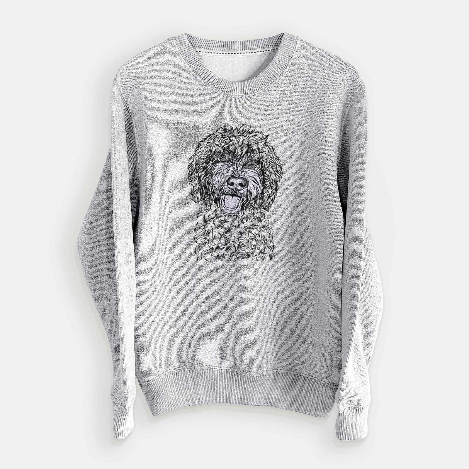 Hand-drawn sketch of Jack the Chocolate Labradoodle on a Salt Pepper knit sweatshirt
