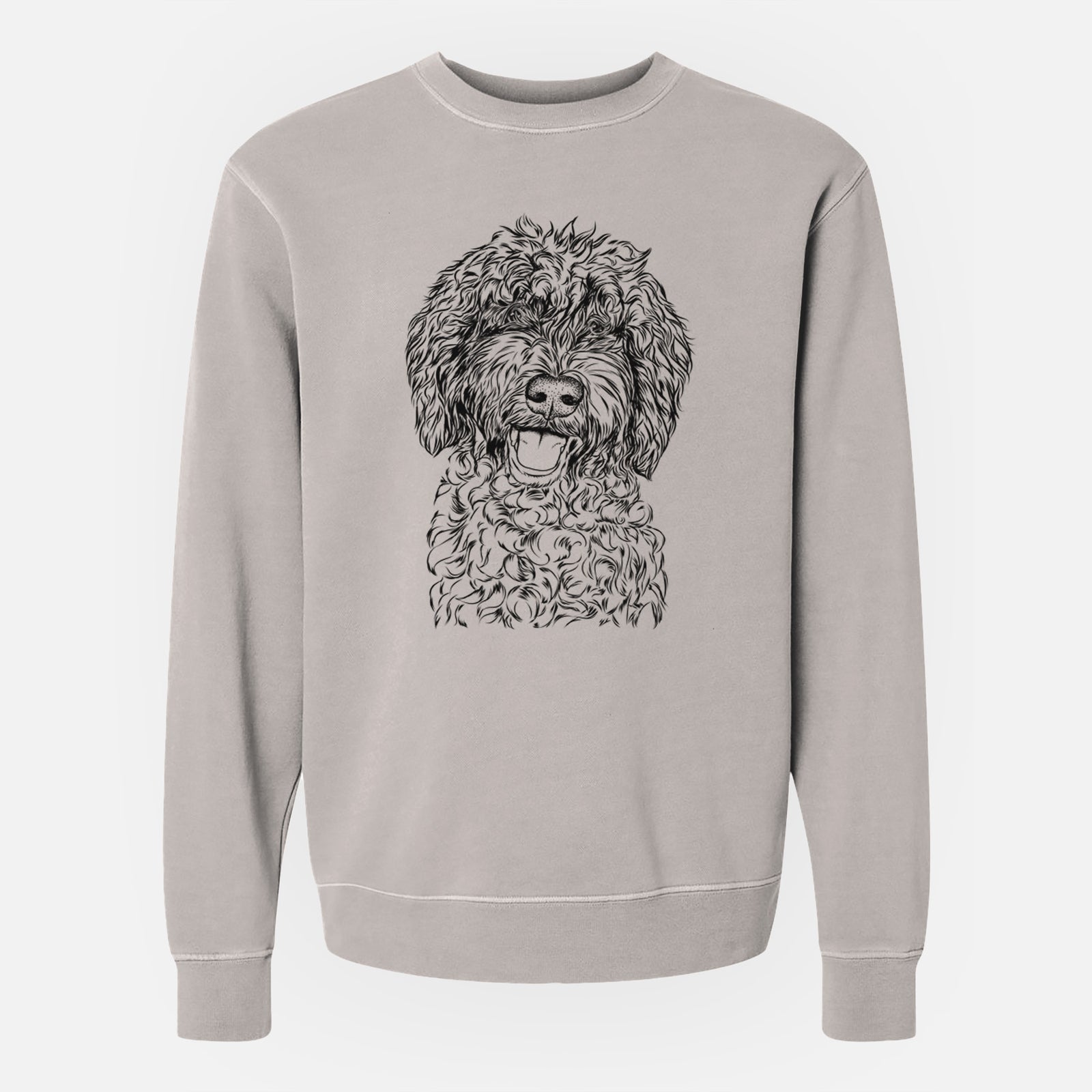 Hand-drawn sketch of Jack the Chocolate Labradoodle on a Cement Unisex pigment dyed crew sweatshirt