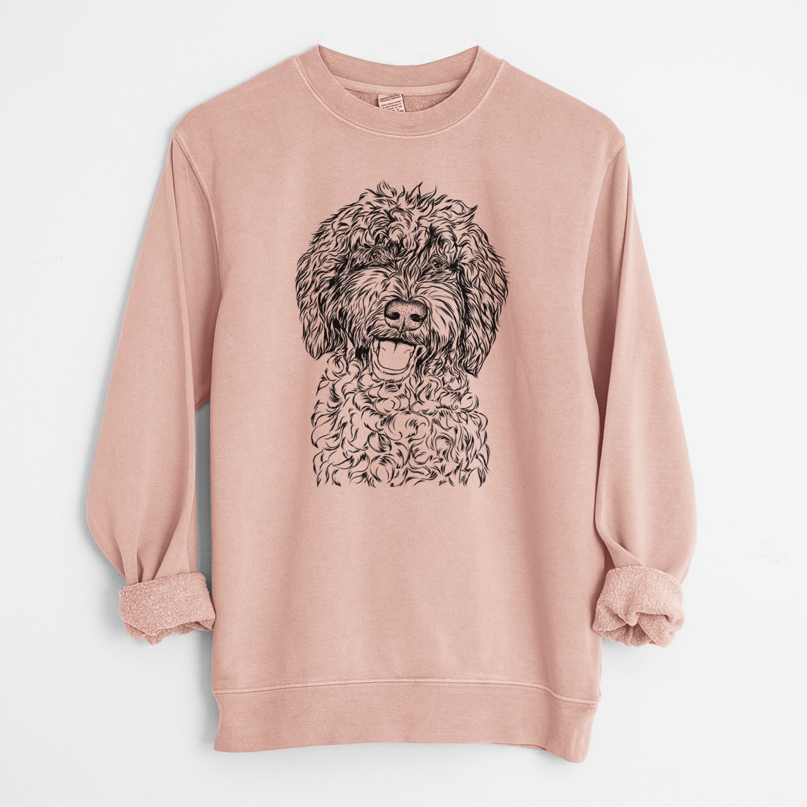 Hand-drawn sketch of Jack the Chocolate Labradoodle on a Dusty Pink Unisex pigment dyed crew sweatshirt