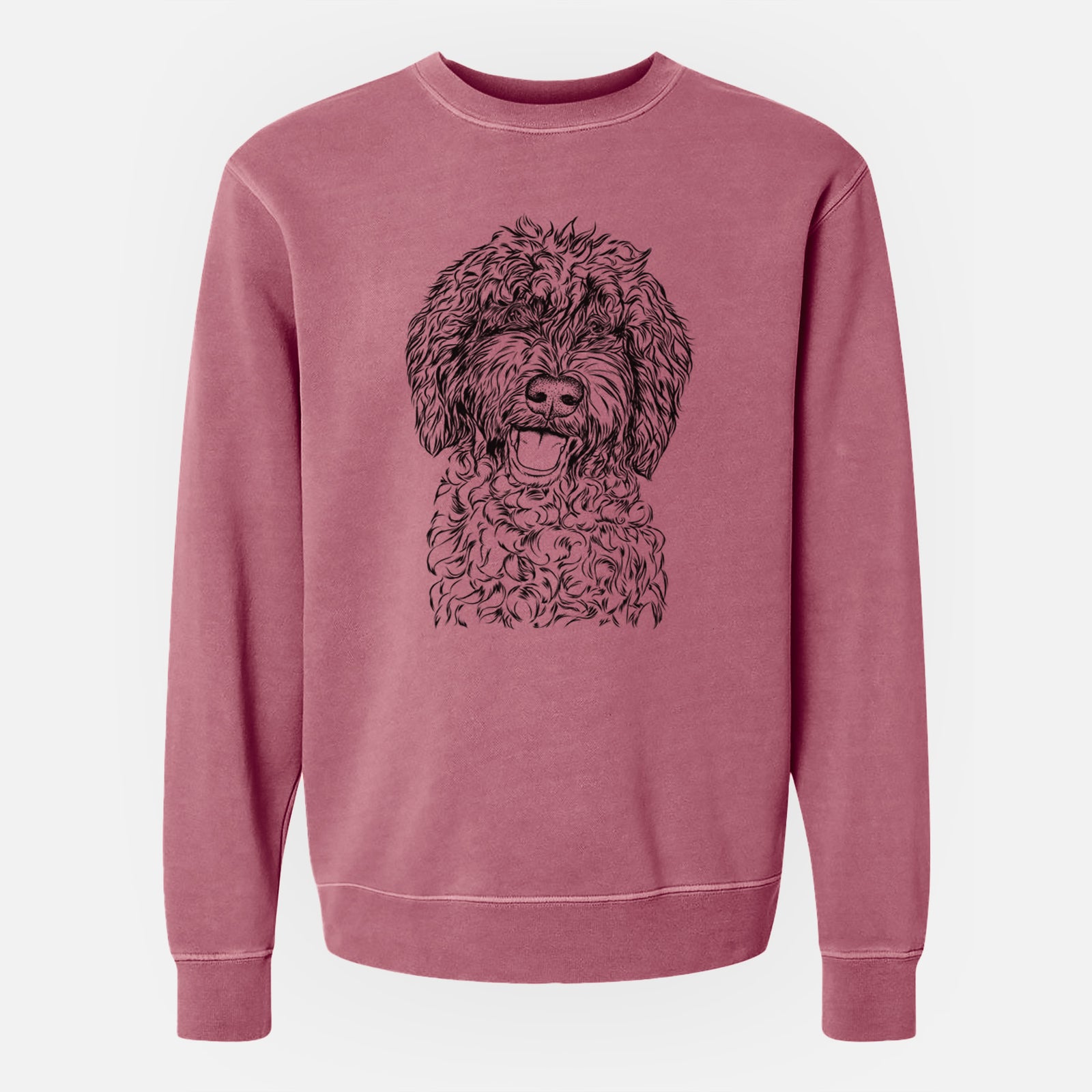 Hand-drawn sketch of Jack the Chocolate Labradoodle on a Maroon Unisex pigment dyed crew sweatshirt