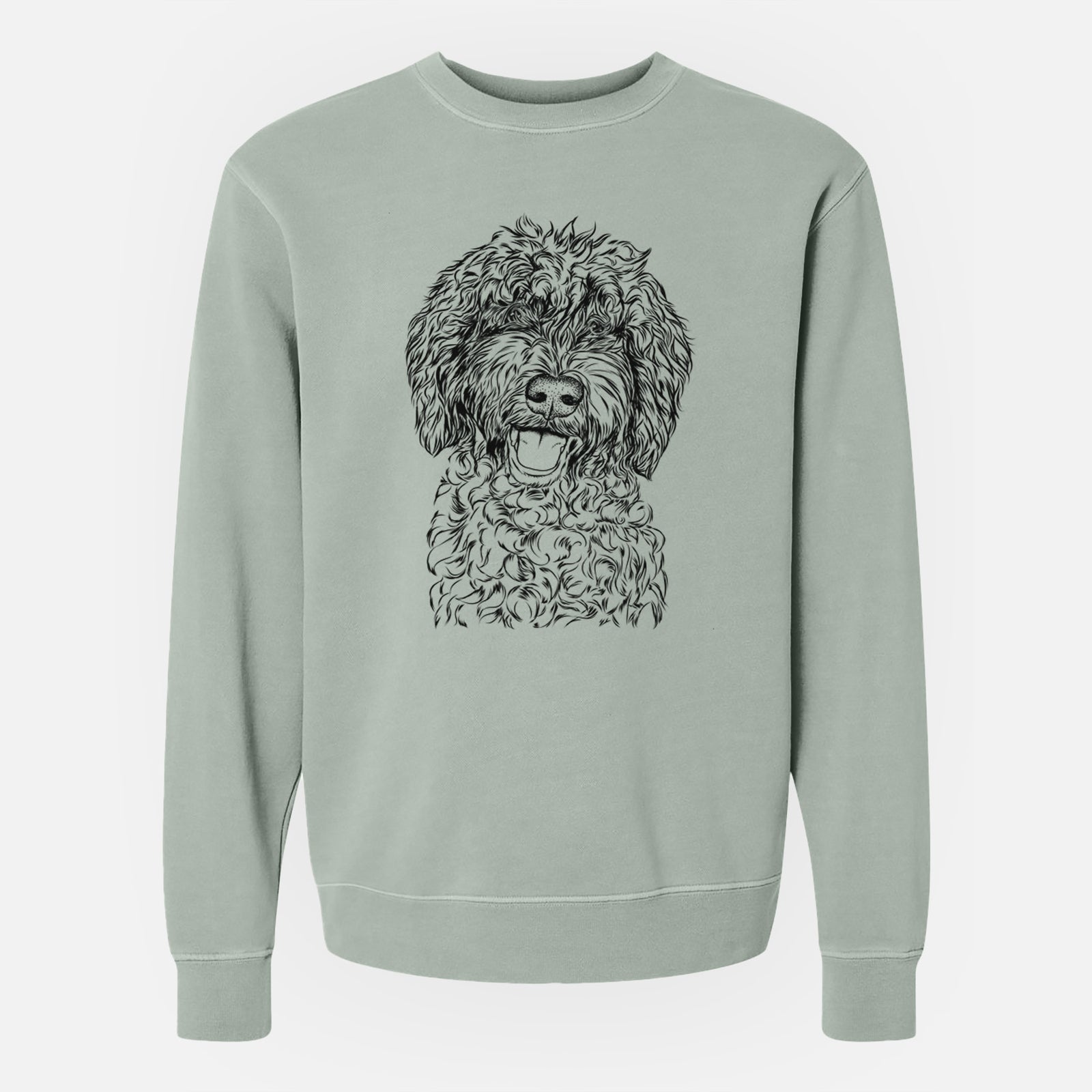 Hand-drawn sketch of Jack the Chocolate Labradoodle on a Sage Unisex pigment dyed crew sweatshirt