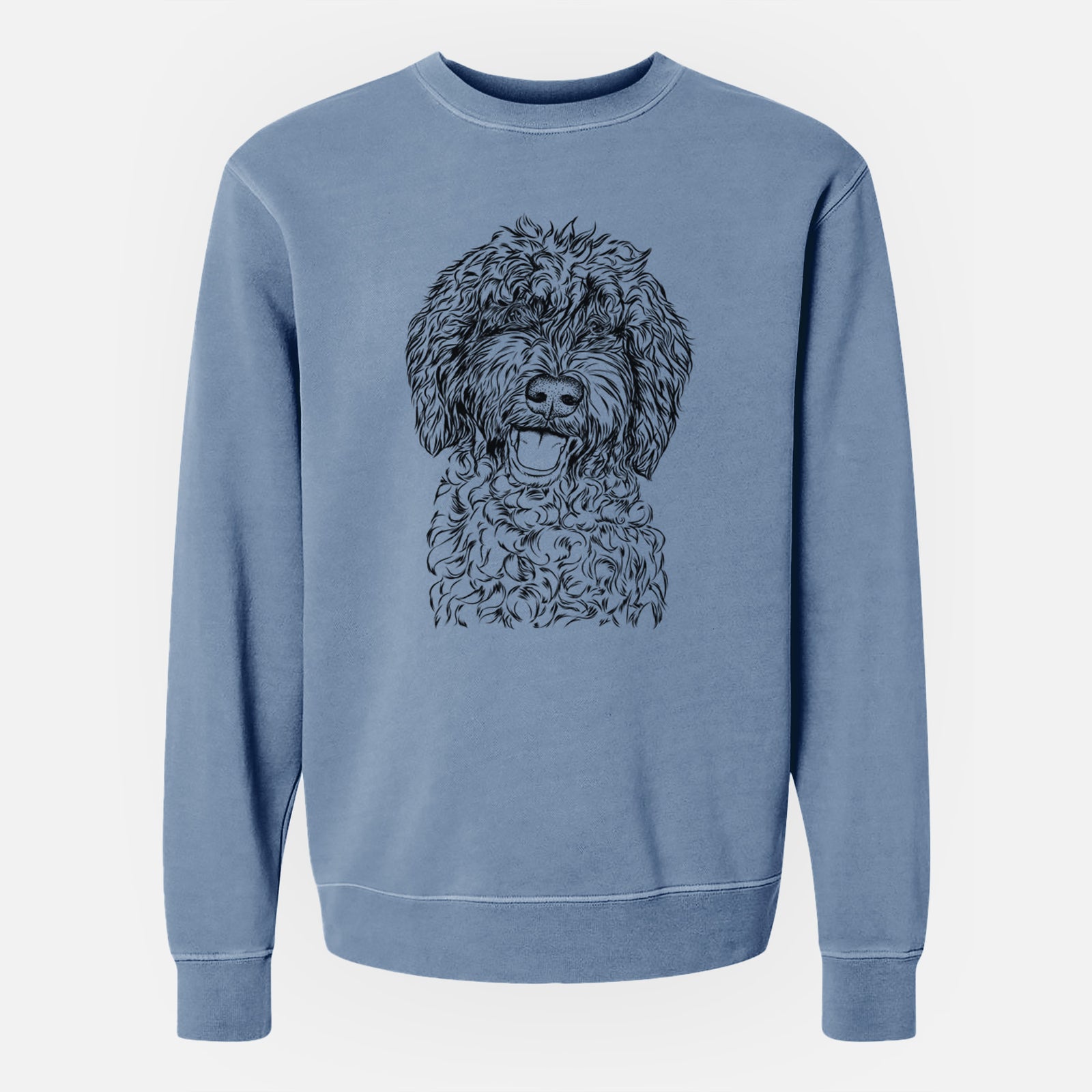 Hand-drawn sketch of Jack the Chocolate Labradoodle on a Slate Blue Unisex pigment dyed crew sweatshirt