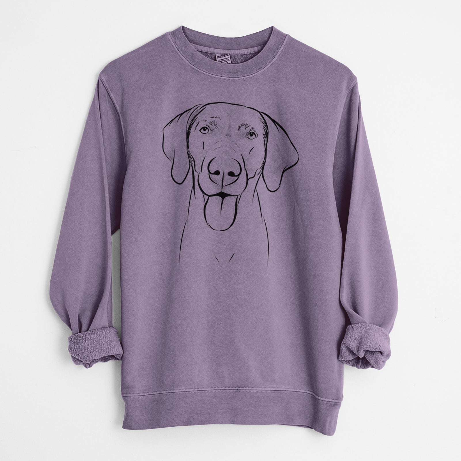Hand-drawn sketch of Jackson the Weimaraner on a Plum Unisex pigment dyed crew sweatshirt