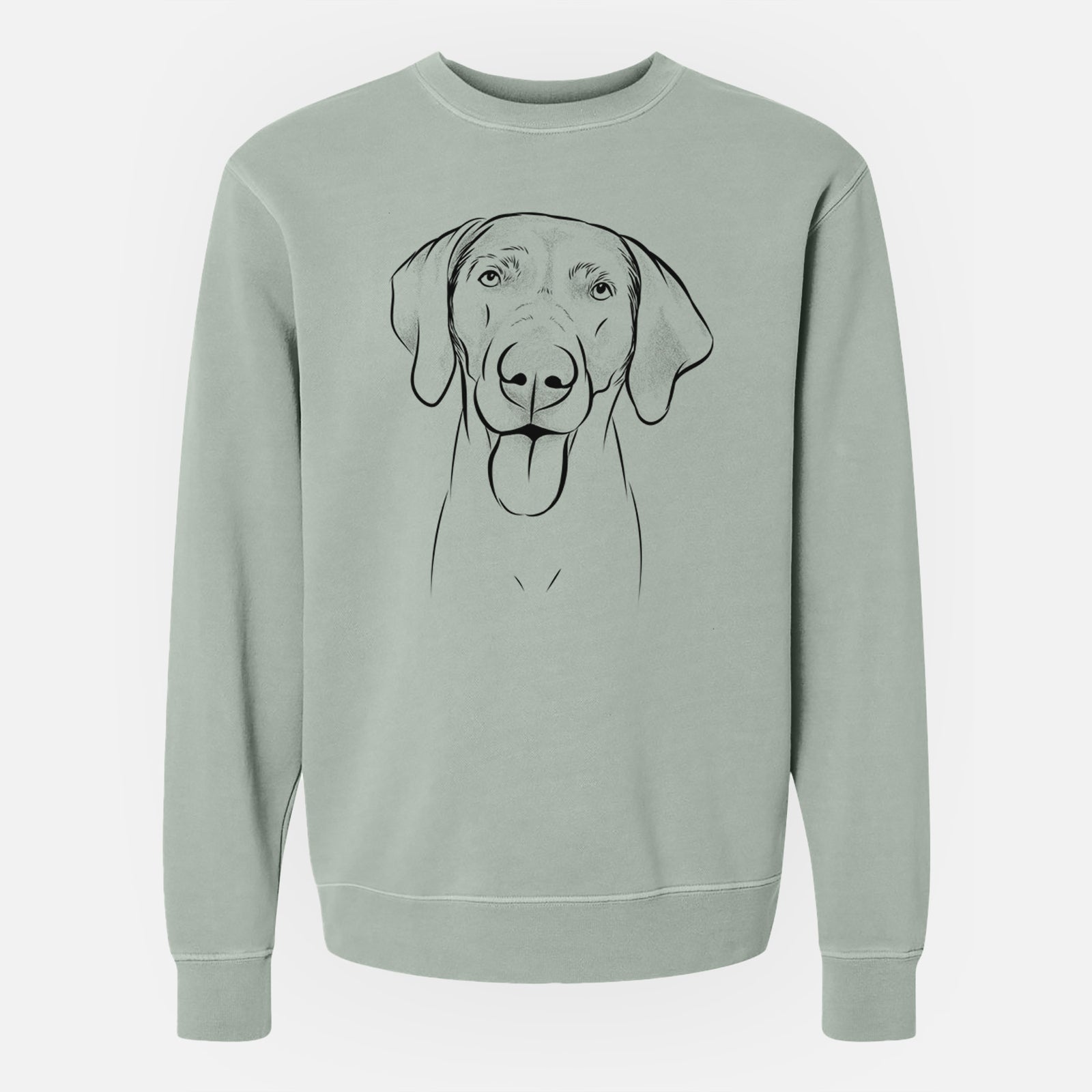 Hand-drawn sketch of Jackson the Weimaraner on a Sage Unisex pigment dyed crew sweatshirt