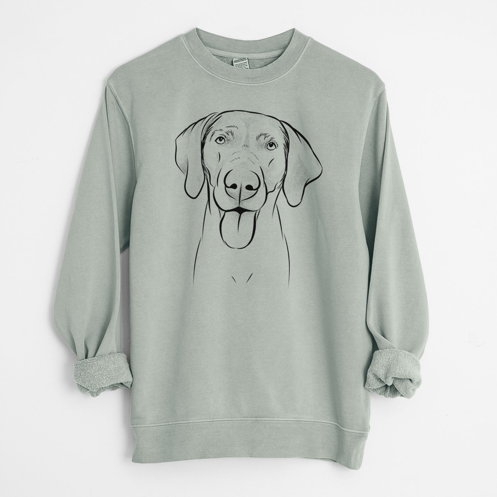 Hand-drawn sketch of Jackson the Weimaraner on a Sage Unisex pigment dyed crew sweatshirt