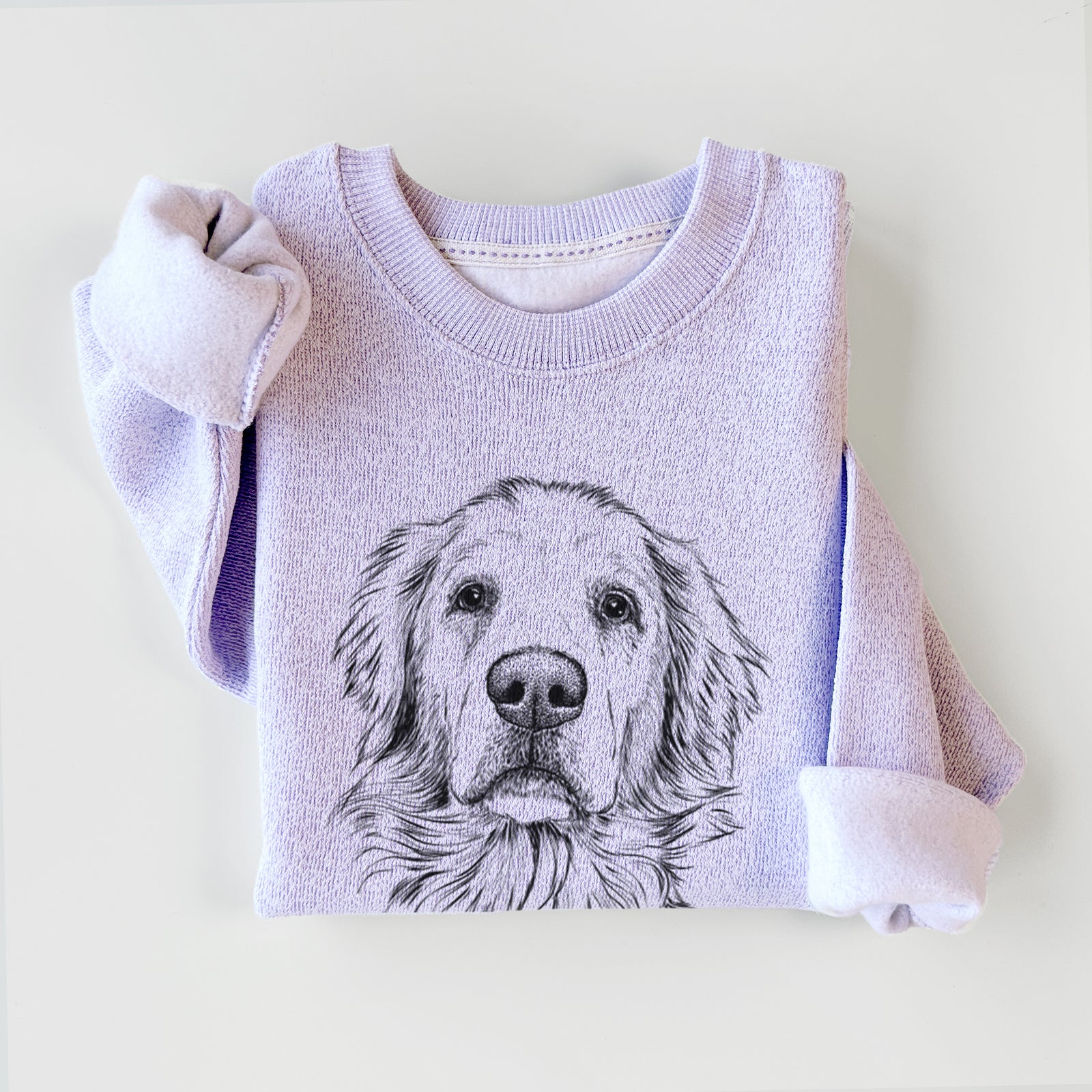 Hand-drawn sketch of Jake aroni the Golden Retriever on an Ice Purple knit sweatshirt