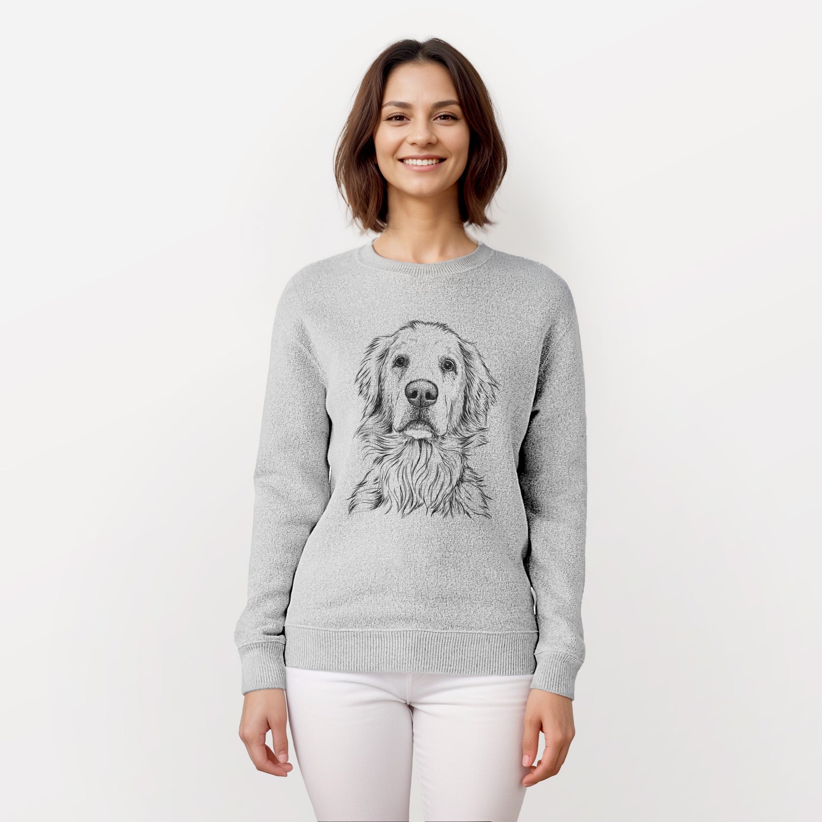 Hand-drawn sketch of Jake aroni the Golden Retriever on a knit sweatshirt, worn by a woman