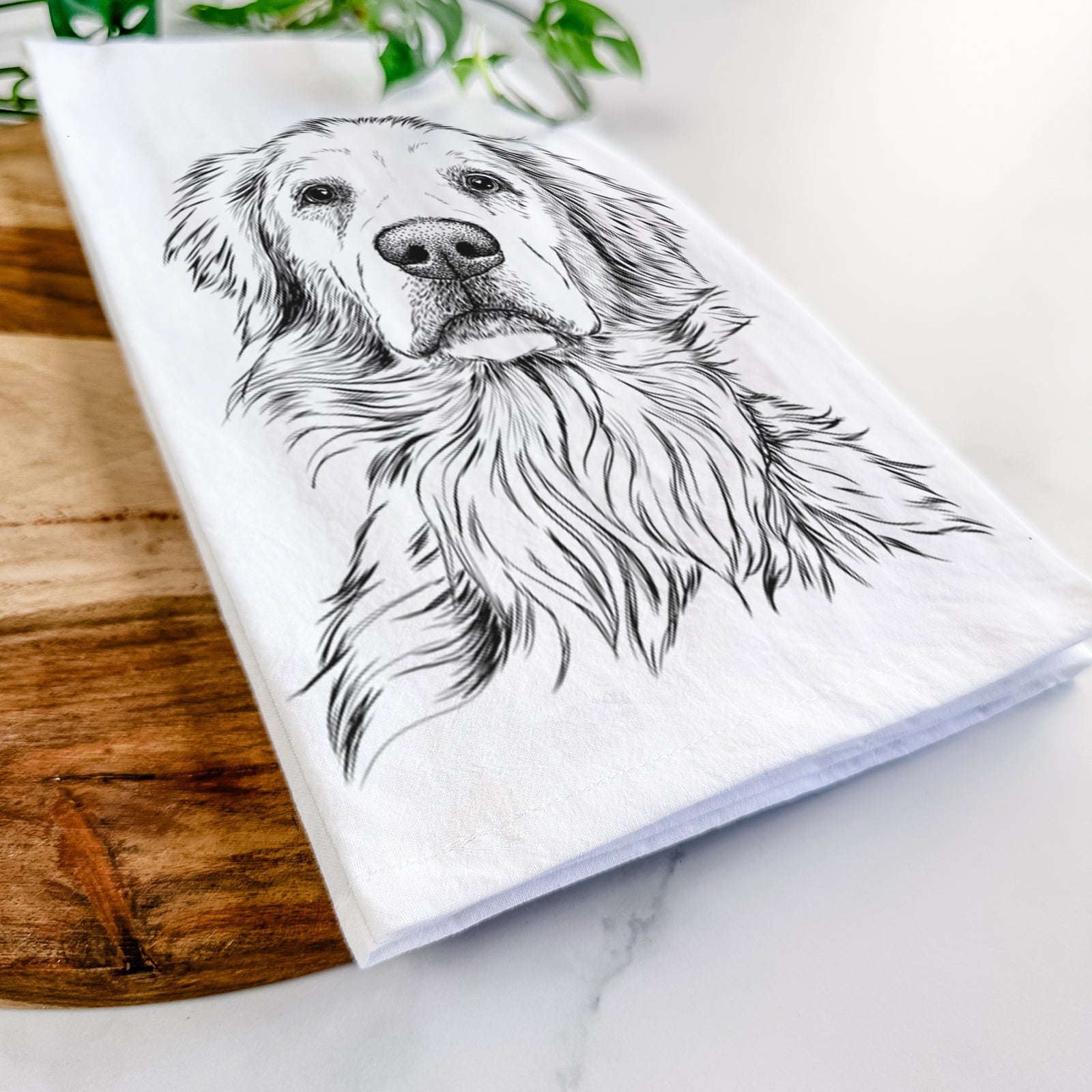 Hand-drawn sketch of Jake aroni the Golden Retriever on a tea towel