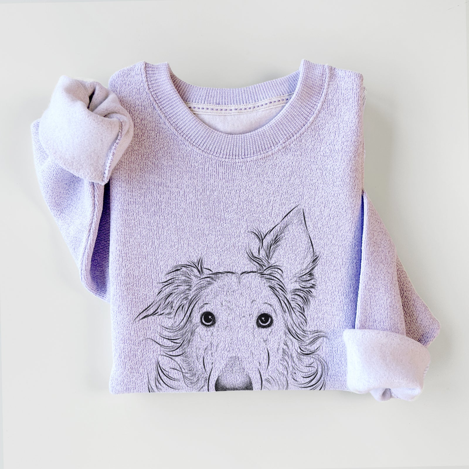 Hand-drawn sketch of Jasha the Borzoi on an Ice Purple knit sweatshirt