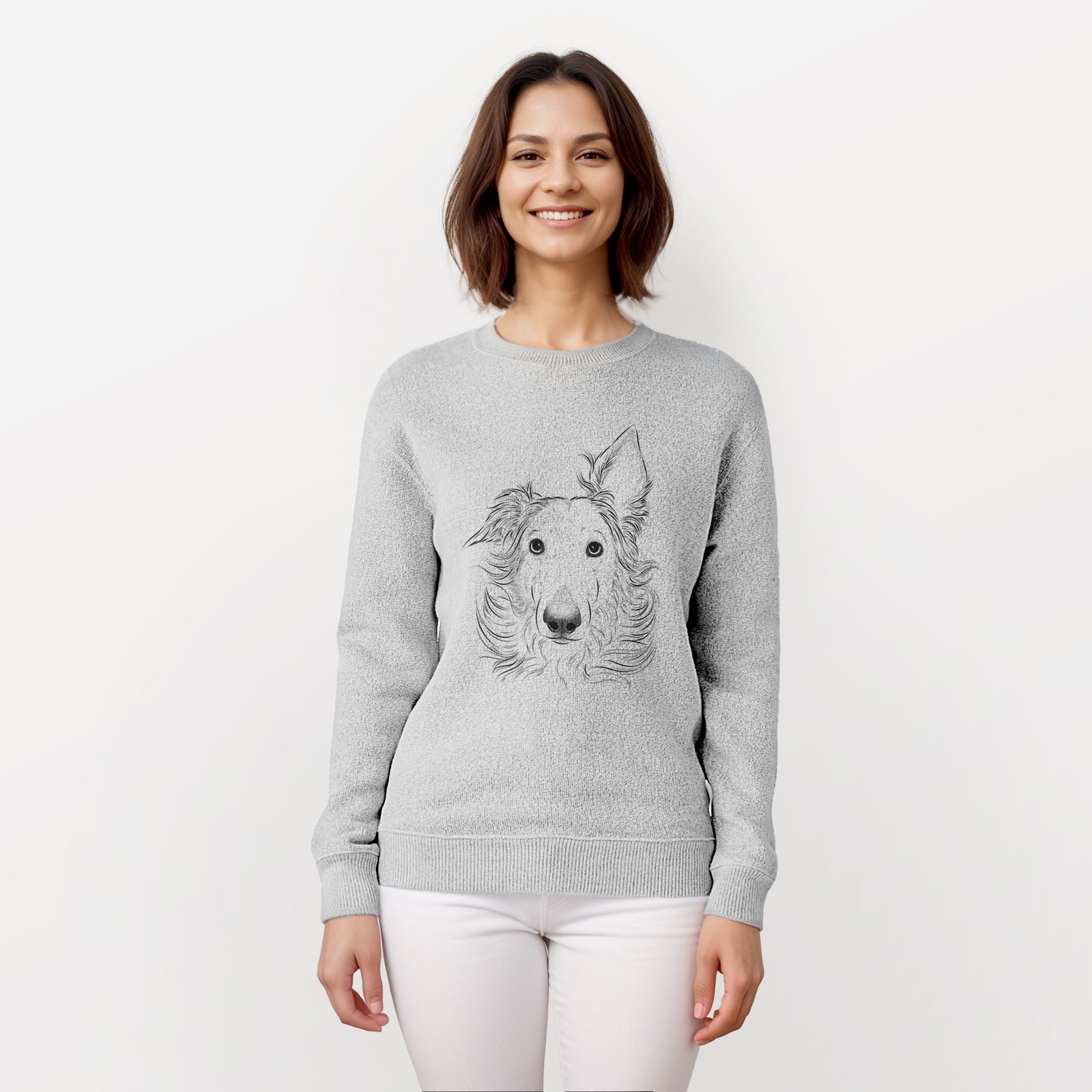 Hand-drawn sketch of Jasha the Borzoi on a knit sweatshirt, worn by a woman
