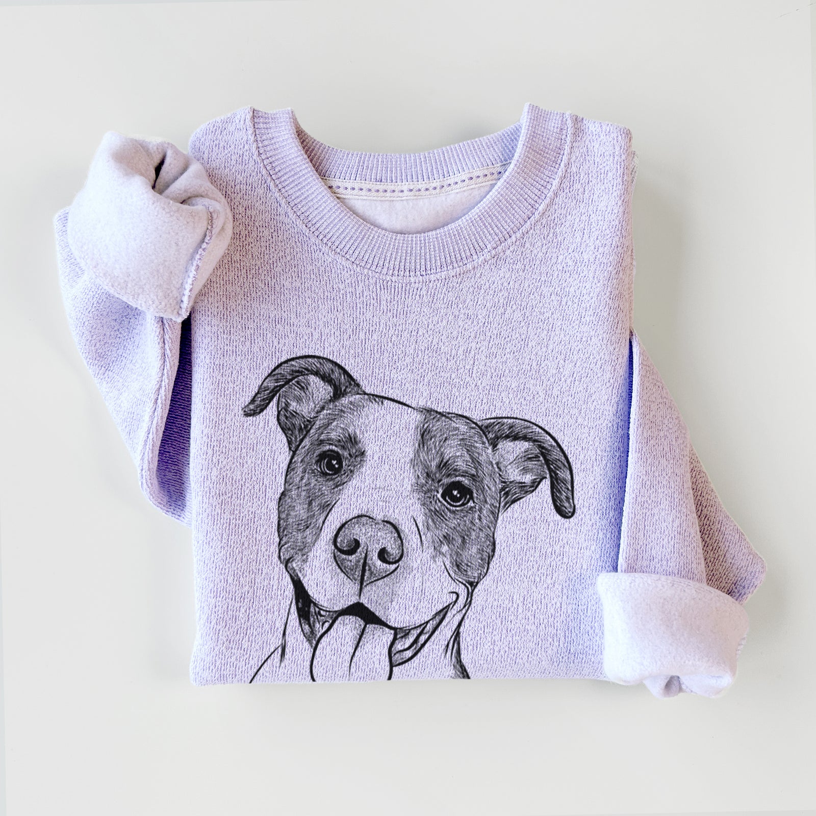 Hand-drawn sketch of Jax the American Pitbull Terrier Mix on an Ice Purple knit sweatshirt
