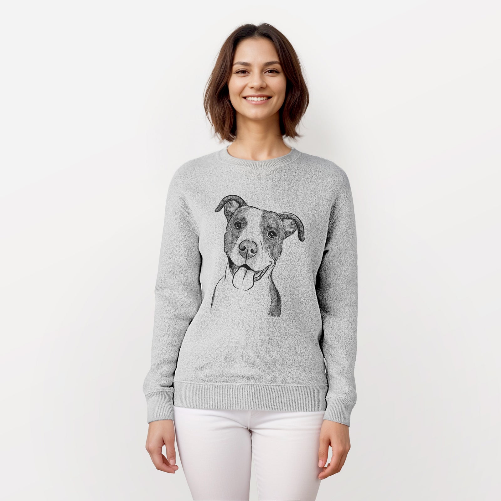 Hand-drawn sketch of Jax the American Pitbull Terrier Mix on a knit sweatshirt, worn by a woman