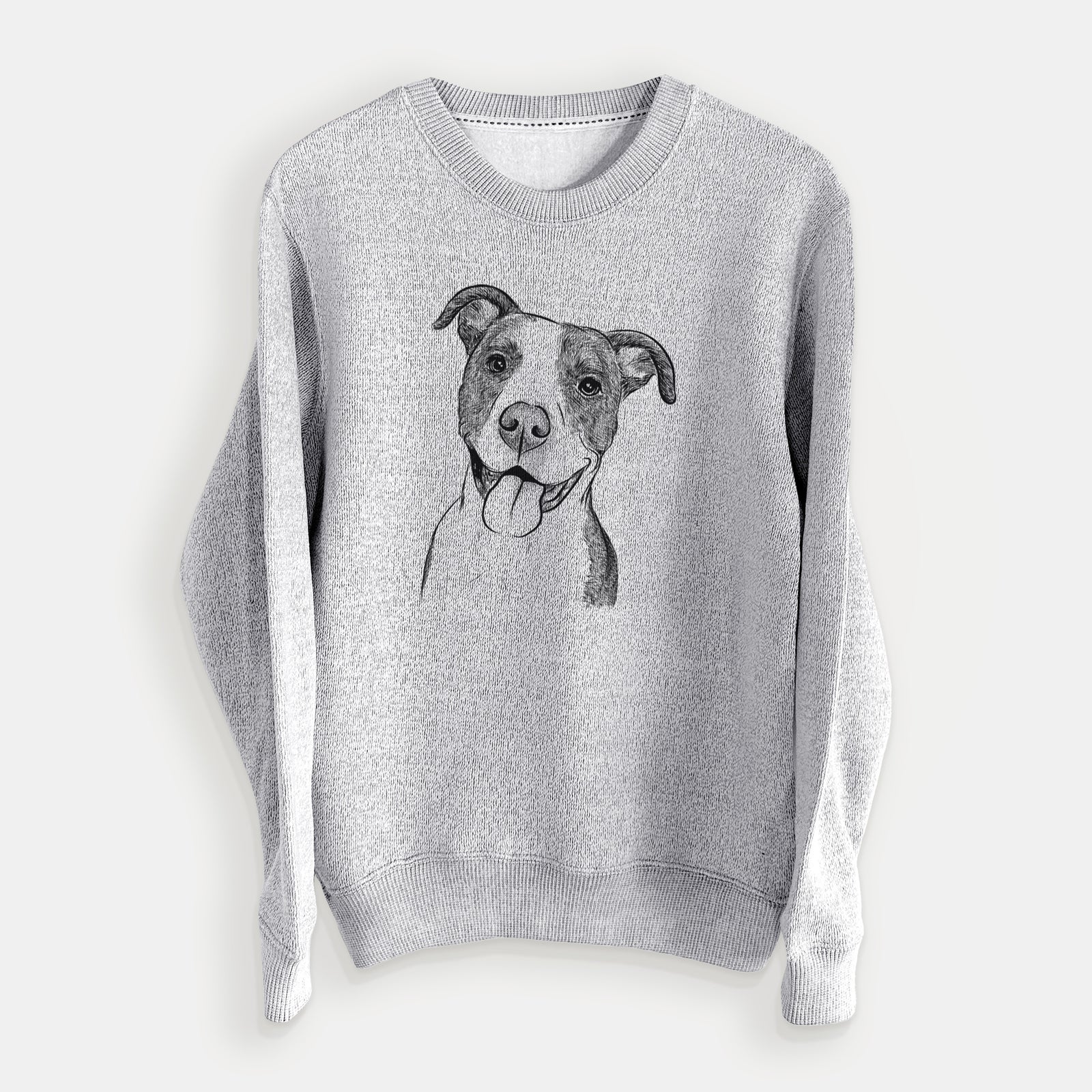 Hand-drawn sketch of Jax the American Pitbull Terrier Mix on a Salt Pepper knit sweatshirt