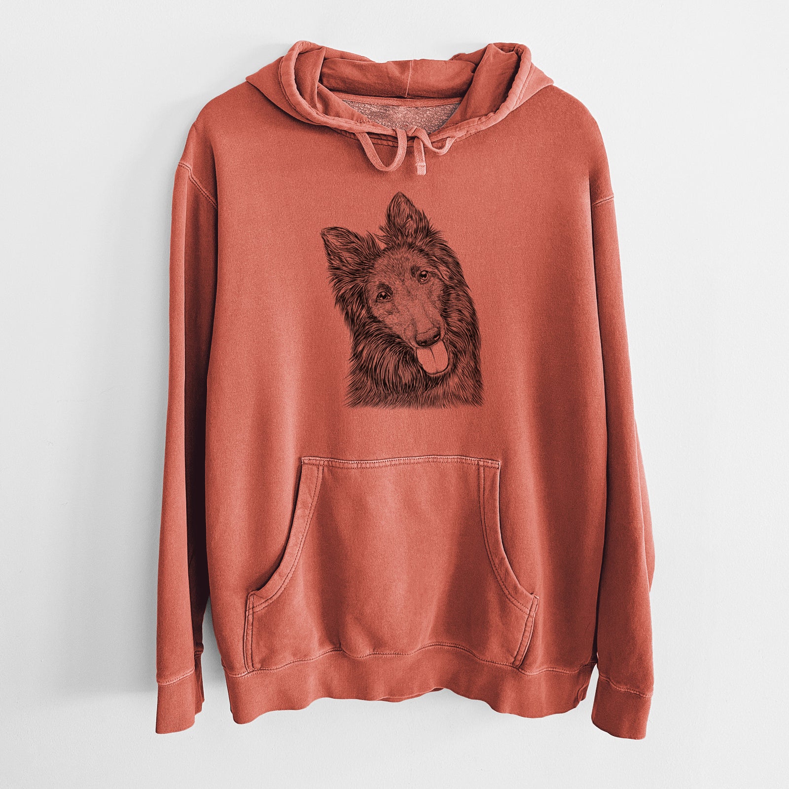 Hand-drawn sketch of Jaxx the Belgian Tervuren on an Amber Unisex pigment dyed hoodie