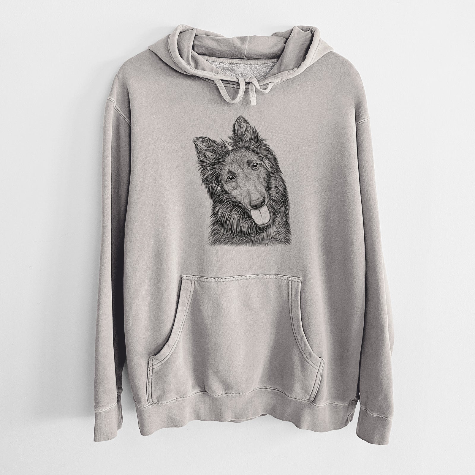 Hand-drawn sketch of Jaxx the Belgian Tervuren on a Cement Unisex pigment dyed hoodie