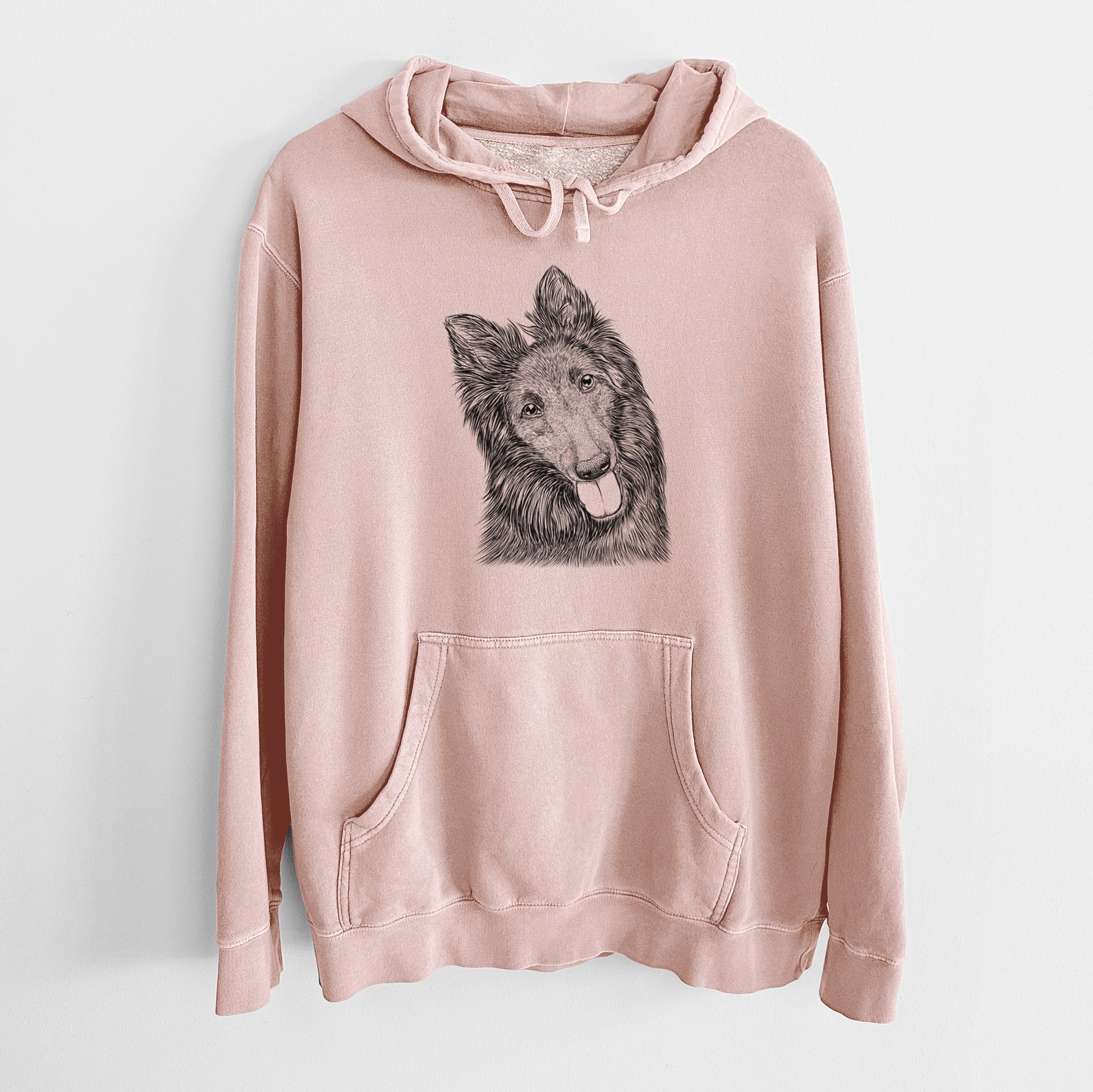Hand-drawn sketch of Jaxx the Belgian Tervuren on a Dusty Pink Unisex pigment dyed hoodie