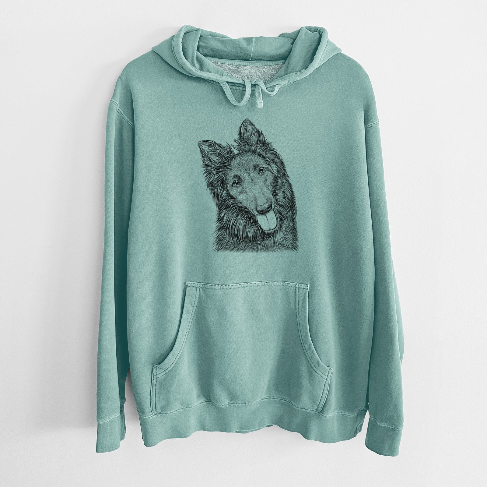 Hand-drawn sketch of Jaxx the Belgian Tervuren on a Mint Unisex pigment dyed hoodie