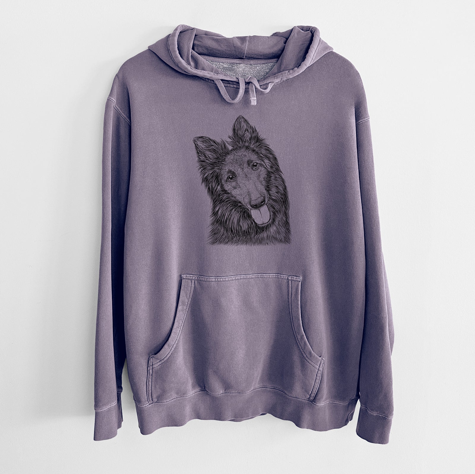 Hand-drawn sketch of Jaxx the Belgian Tervuren on a Plum Unisex pigment dyed hoodie